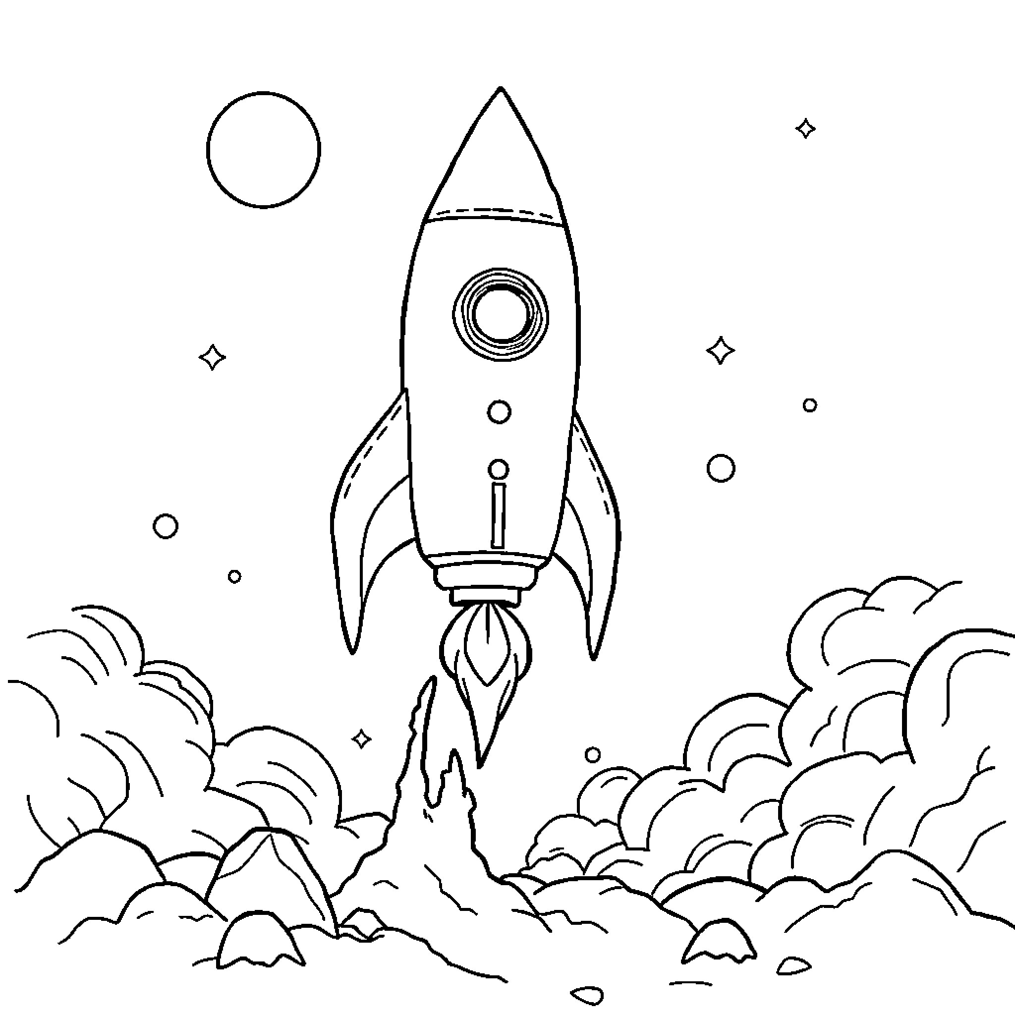 Fusee Rocket Launching into Space Coloring Page (free black-and-white line drawing printable PDF for all, from beginners to advanced learners, including children, teens, adults, and seniors)