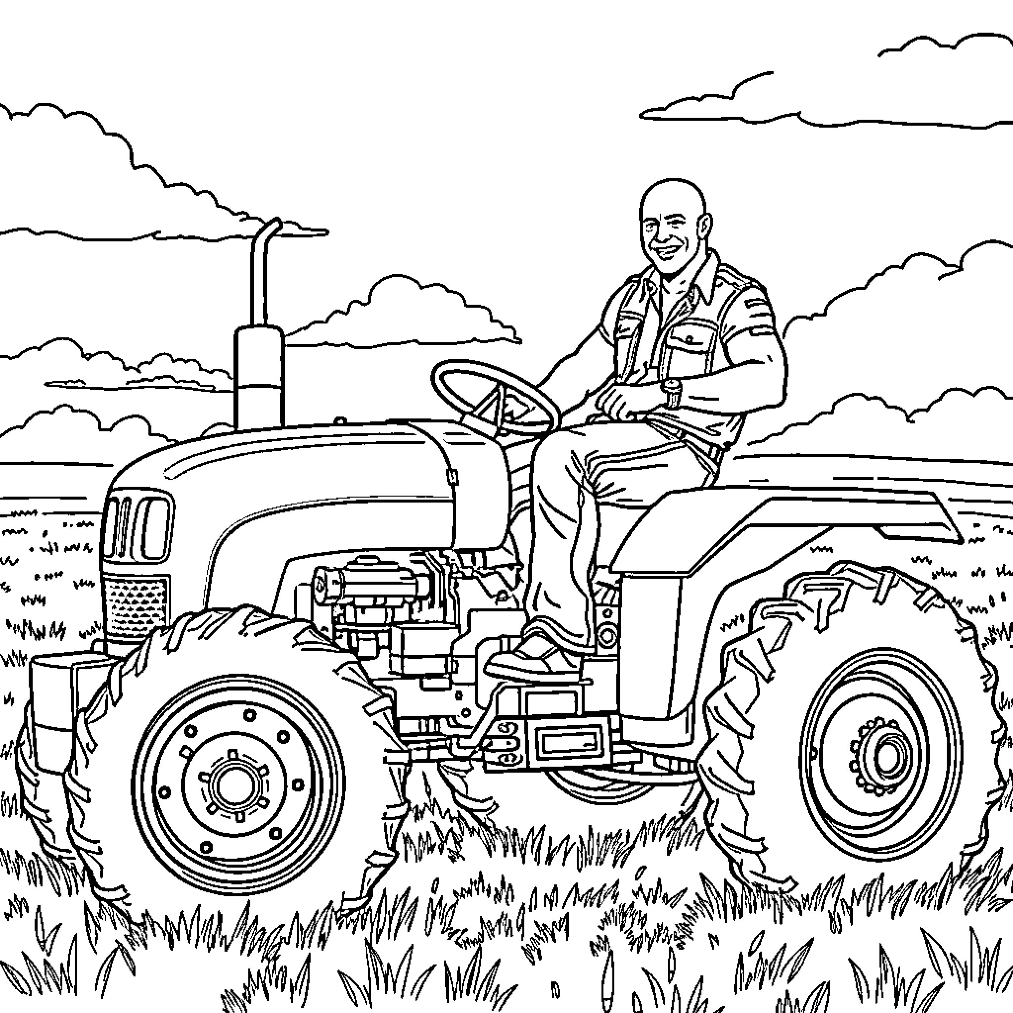 Vin Diesel driving a tractor through a rural landscape Coloring Page (free black-and-white line drawing printable PDF for all, from beginners to advanced learners, including children, teens, adults, and seniors)