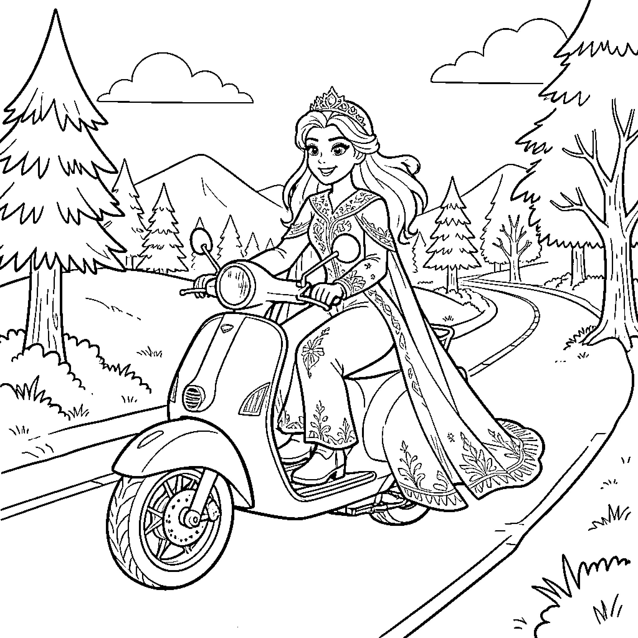 Queen riding a scooter through a scenic landscape Coloring Page (free black-and-white line drawing printable PDF for all, from beginners to advanced learners, including children, teens, adults, and seniors)