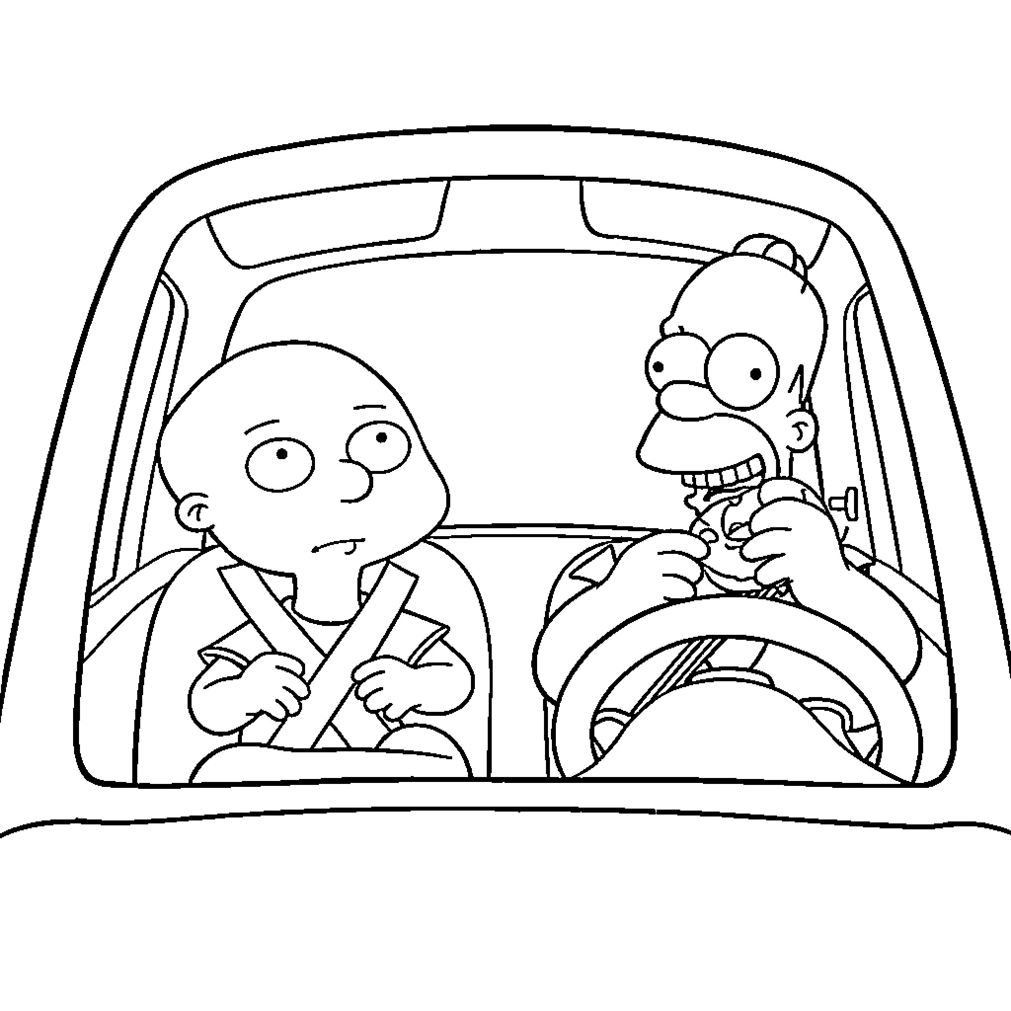Stewie Griffin and Homer Simpson driving a car Coloring Page (free black-and-white line drawing printable PDF for all, from beginners to advanced learners, including children, teens, adults, and seniors)