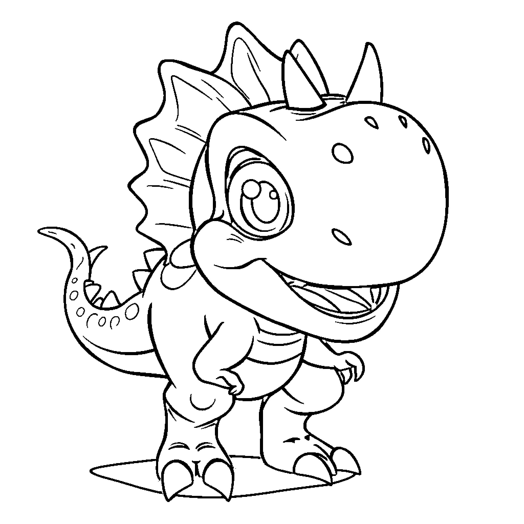 Megathrin Playful Dinosaur Cartoon Character Coloring Page (free black-and-white line drawing printable PDF for all, from beginners to advanced learners, including children, teens, adults, and seniors)