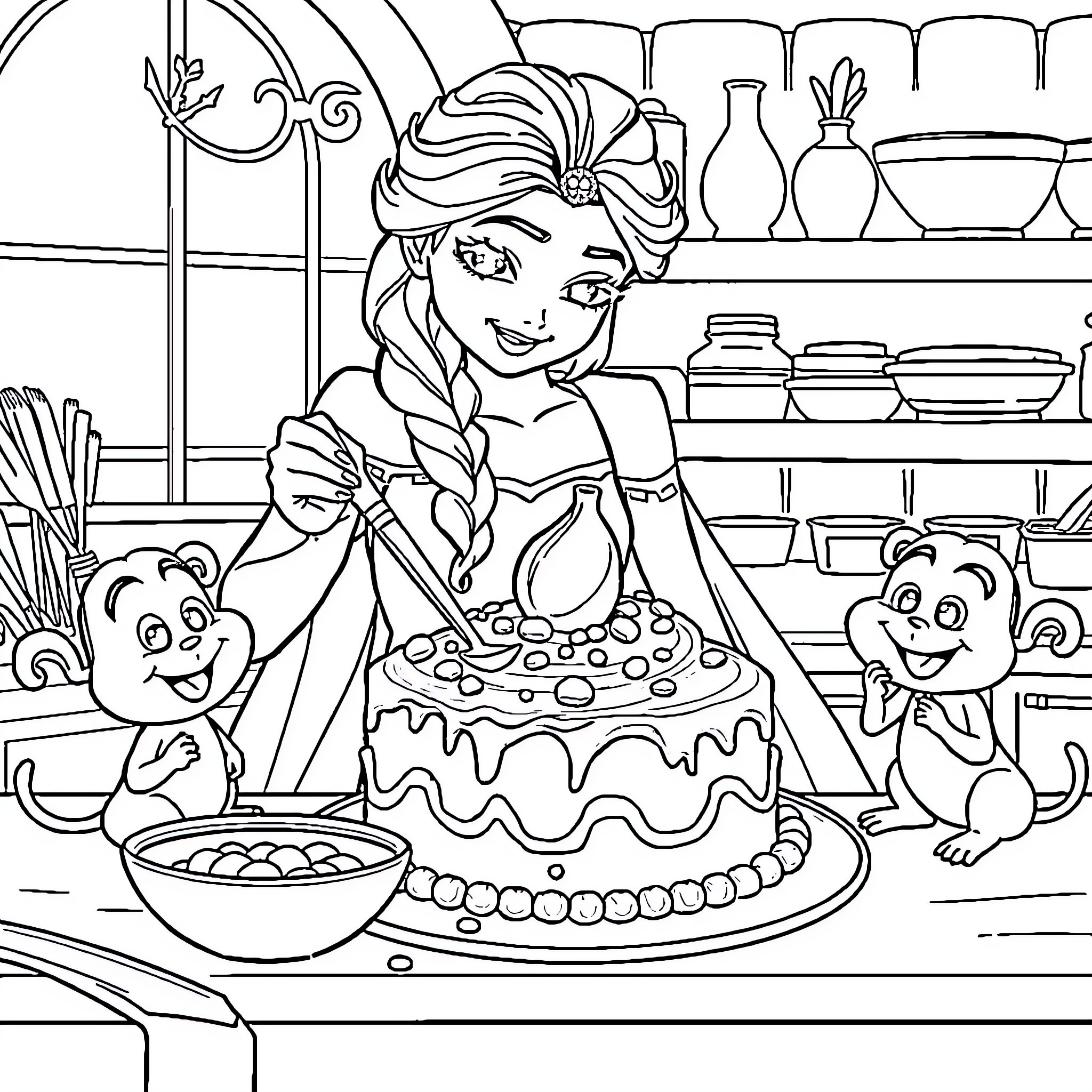 Elsa Bakes a Delightful Cake with Friendly Companions Coloring Page (free black-and-white line drawing printable PDF for all, from beginners to advanced learners, including children, teens, adults, and seniors)