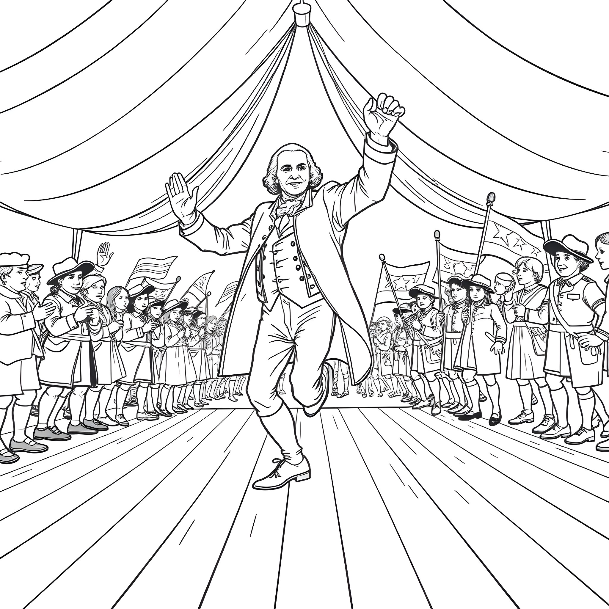 George Washington Addressing the Crowd in Colonial Uniform Coloring Page (free black-and-white line drawing printable PDF for all, from beginners to advanced learners, including children, teens, adults, and seniors)