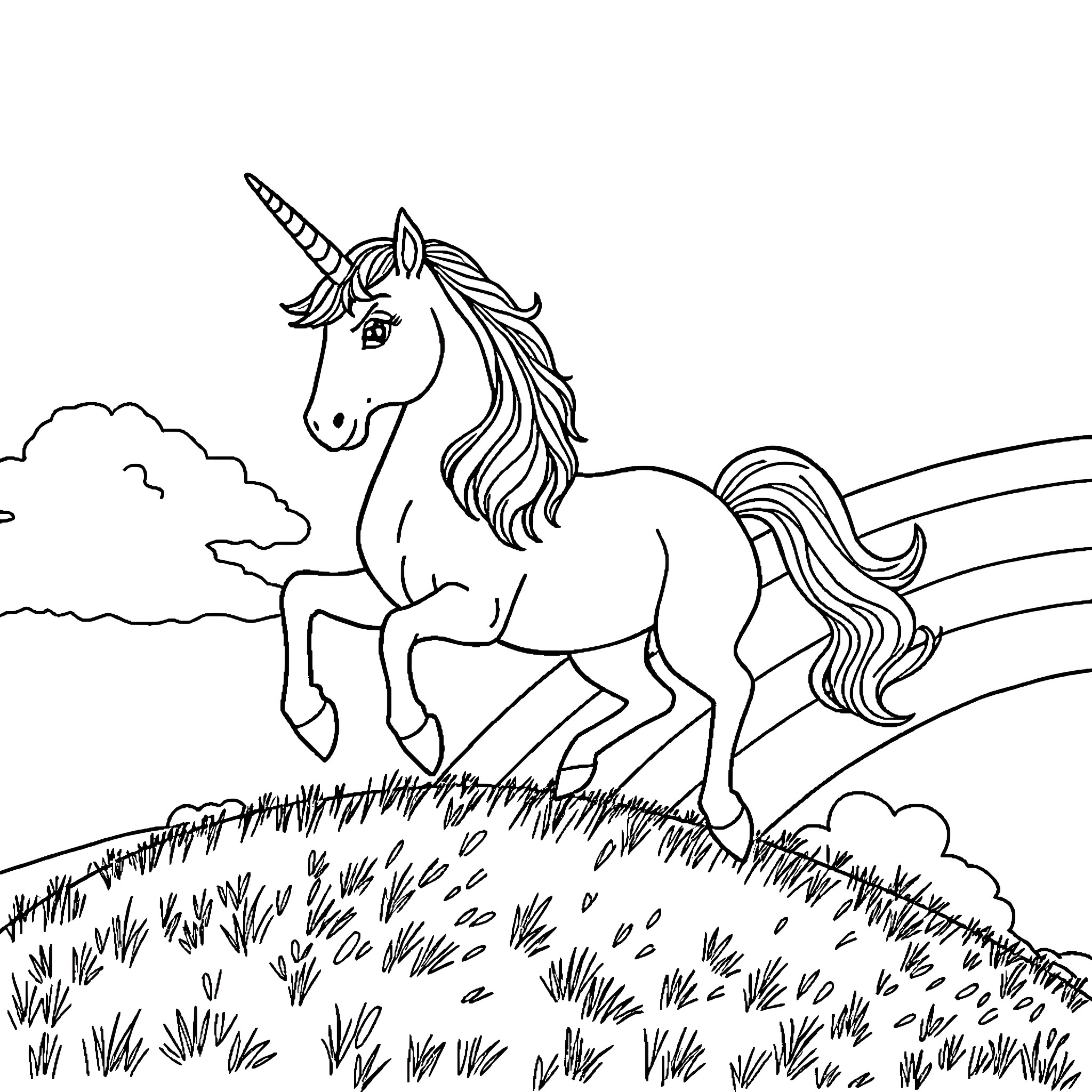 Unicorn galloping through a grassy field Coloring Page (free black-and-white line drawing printable PDF for all, from beginners to advanced learners, including children, teens, adults, and seniors)