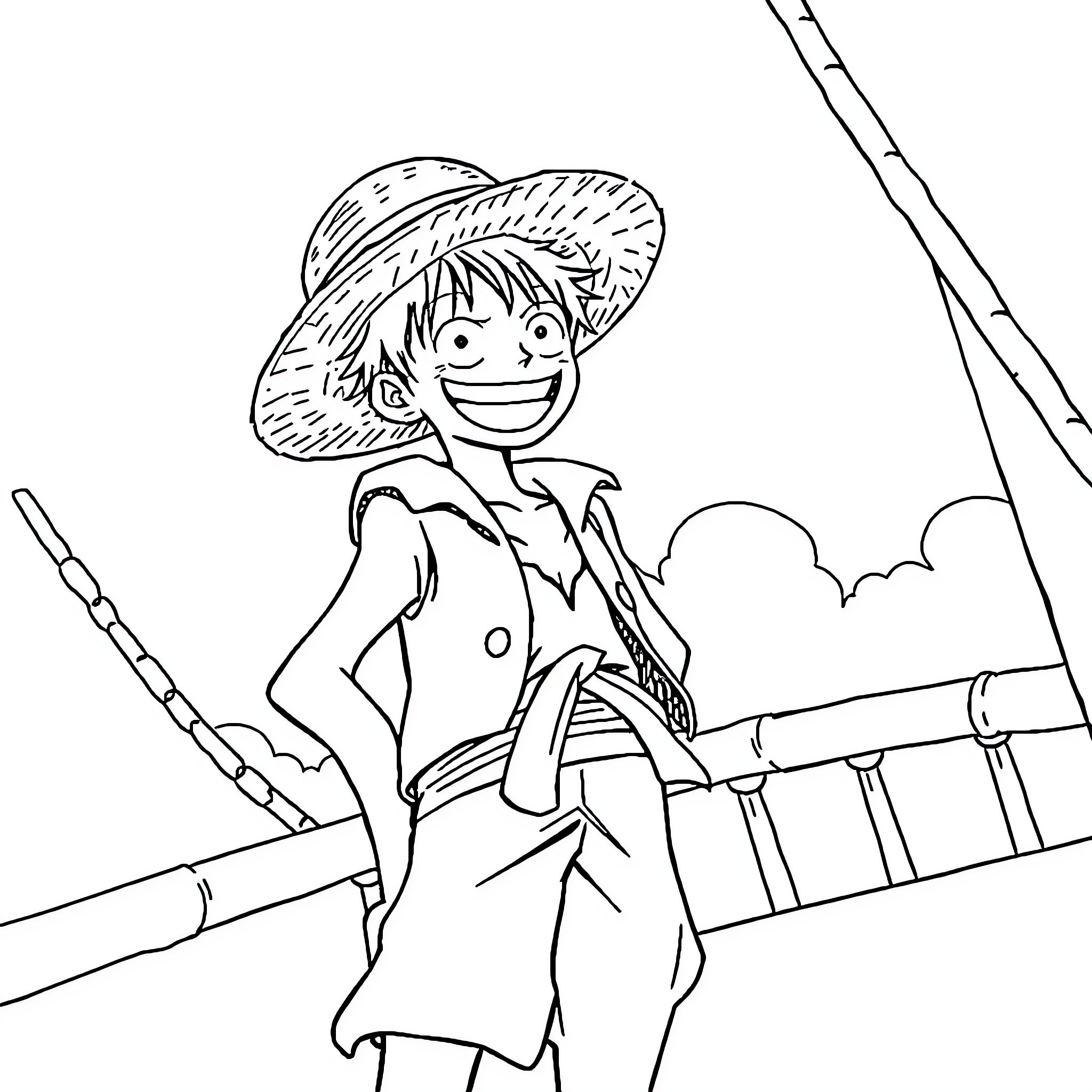 Luffy's Pirate Adventure on the High Seas Coloring Page (free black-and-white line drawing printable PDF for all, from beginners to advanced learners, including children, teens, adults, and seniors)