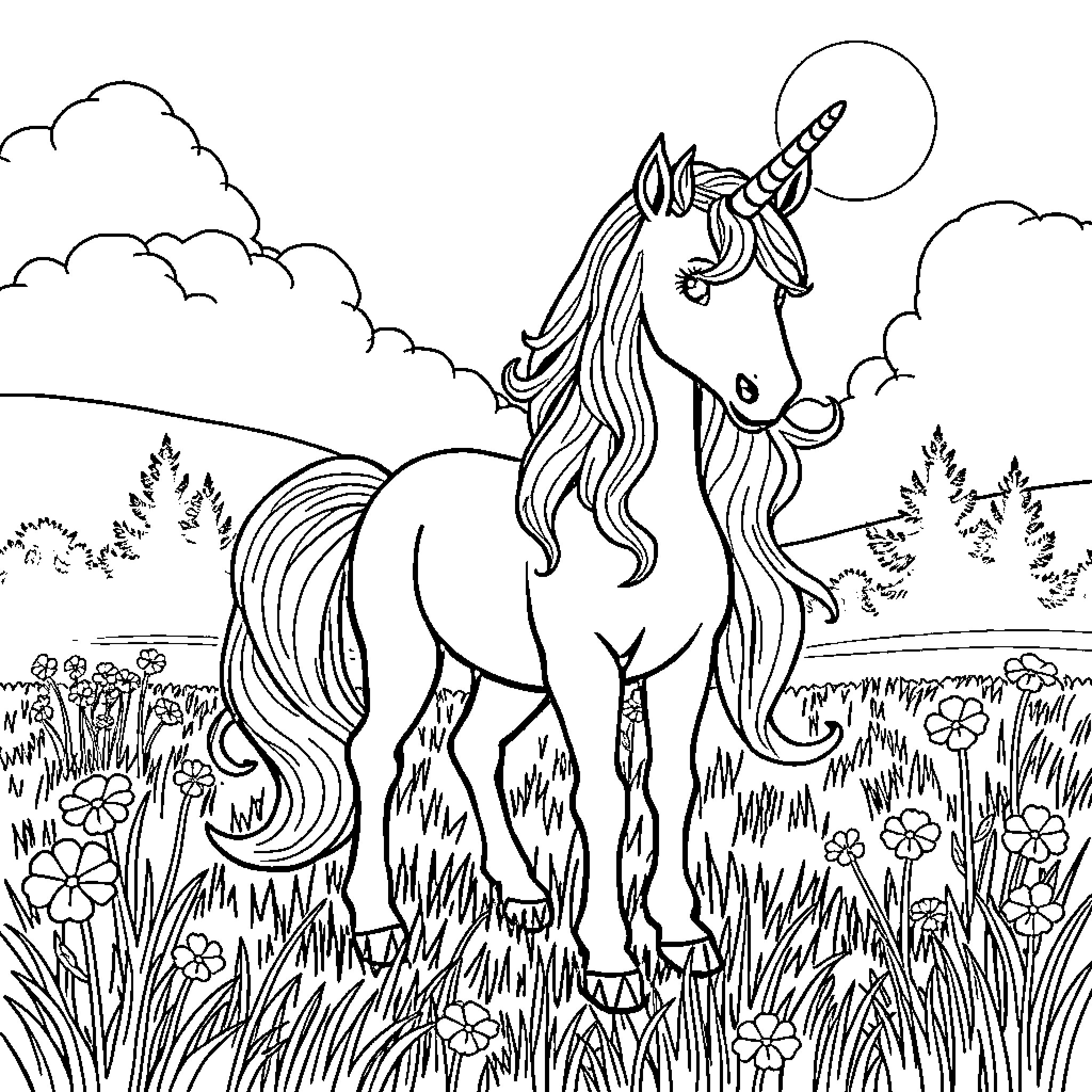 Unicorn standing gracefully in a flowery meadow Coloring Page (free black-and-white line drawing printable PDF for all, from beginners to advanced learners, including children, teens, adults, and seniors)