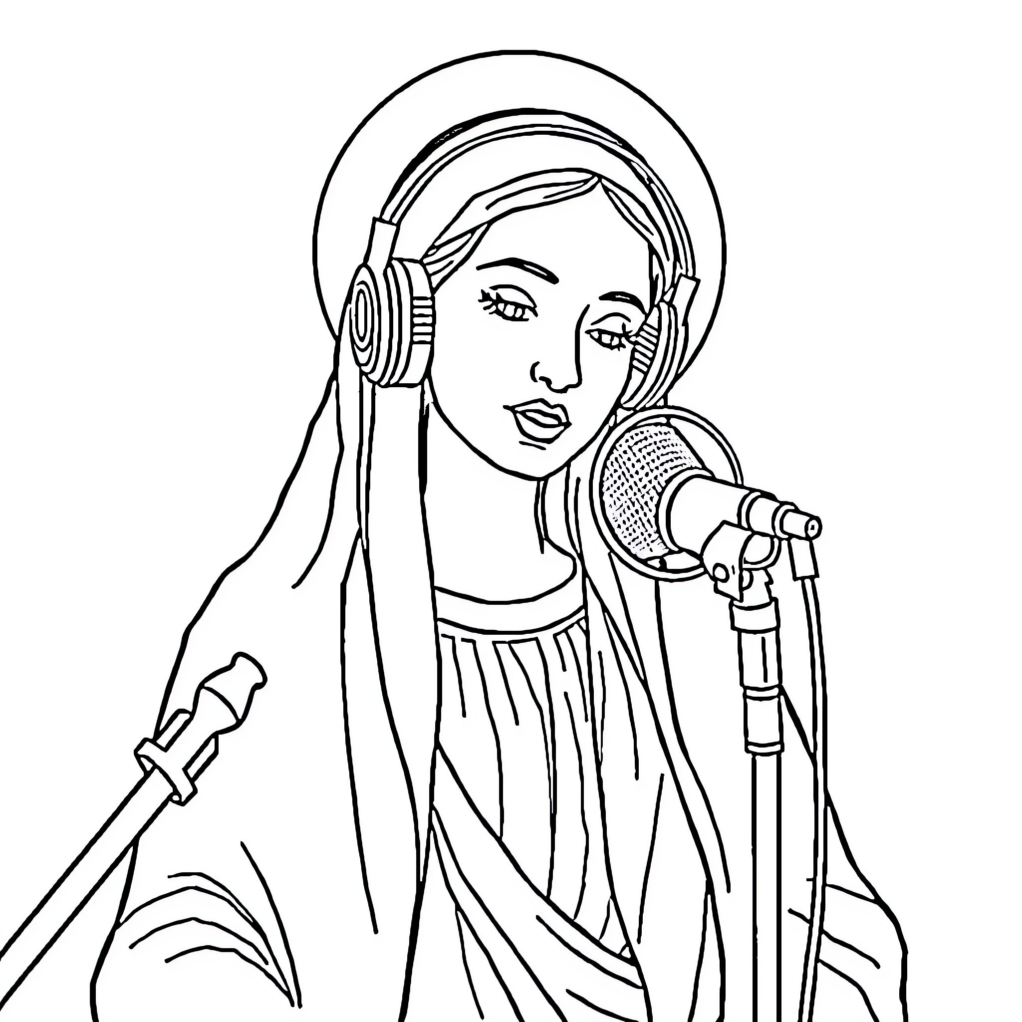 Virgin Mary depicted as a modern musician Coloring Page (free black-and-white line drawing printable PDF for all, from beginners to advanced learners, including children, teens, adults, and seniors)