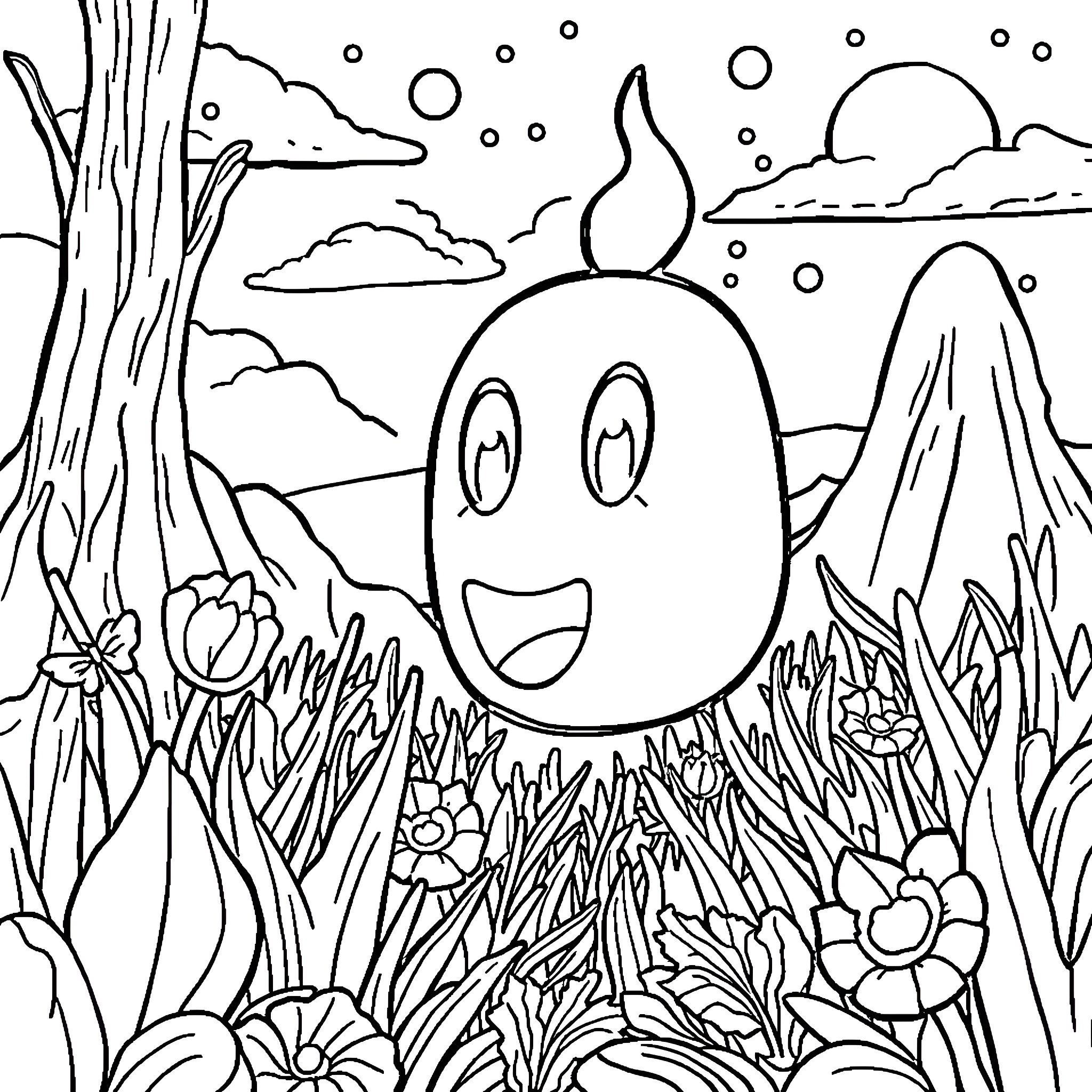 Mikeltube's Whimsical Nature Scene Coloring Page (free black-and-white line drawing printable PDF for all, from beginners to advanced learners, including children, teens, adults, and seniors)