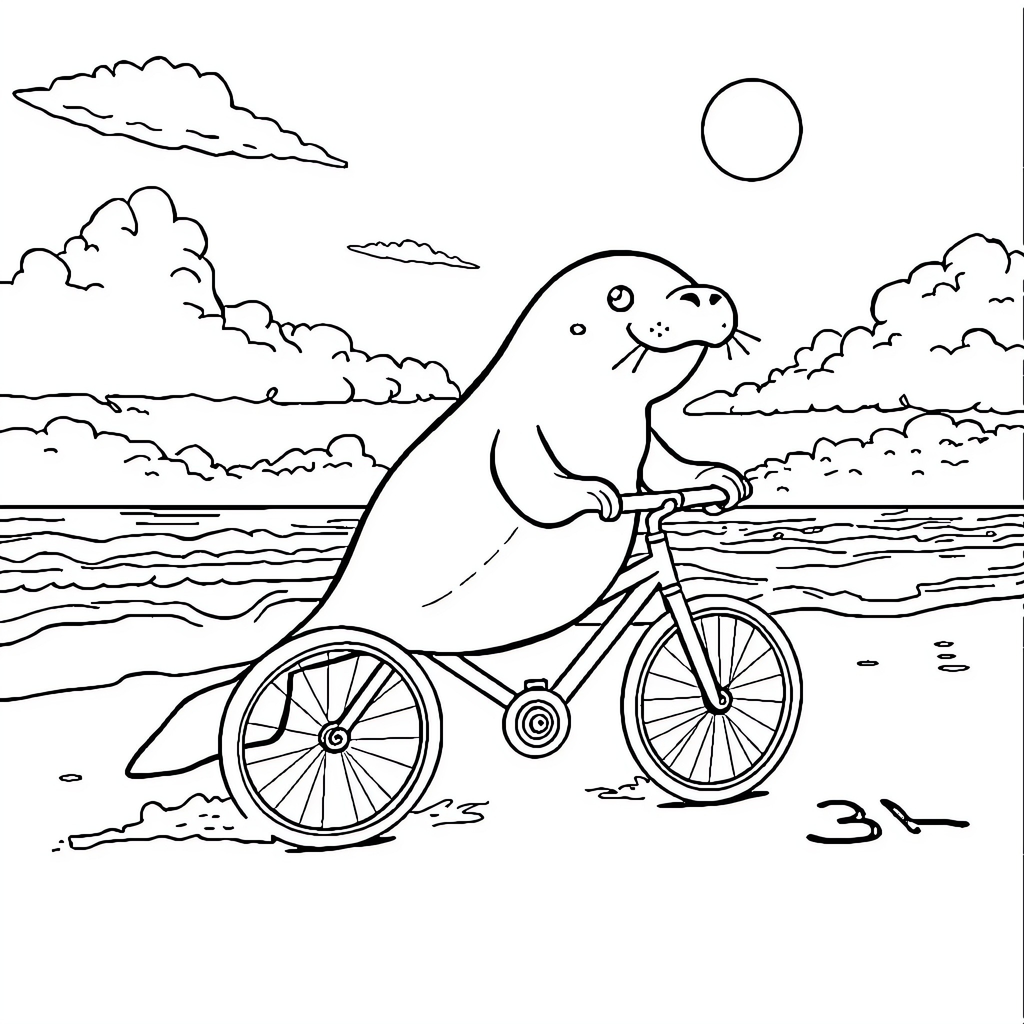 Blue Whale riding a bicycle by the beach Coloring Page (free black-and-white line drawing printable PDF for all, from beginners to advanced learners, including children, teens, adults, and seniors)