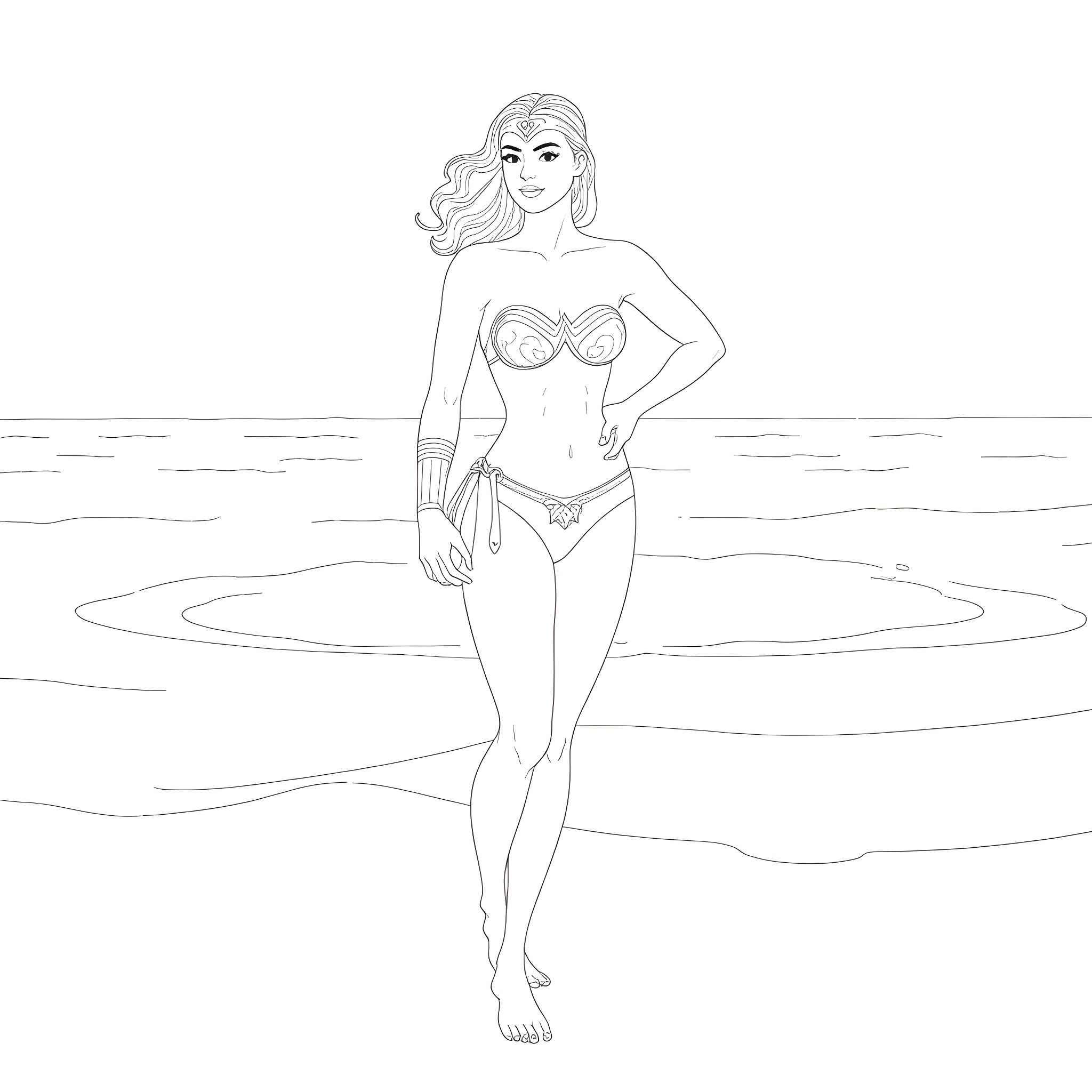 Wonder Woman posing confidently on the beach Coloring Page (free black-and-white line drawing printable PDF for all, from beginners to advanced learners, including children, teens, adults, and seniors)