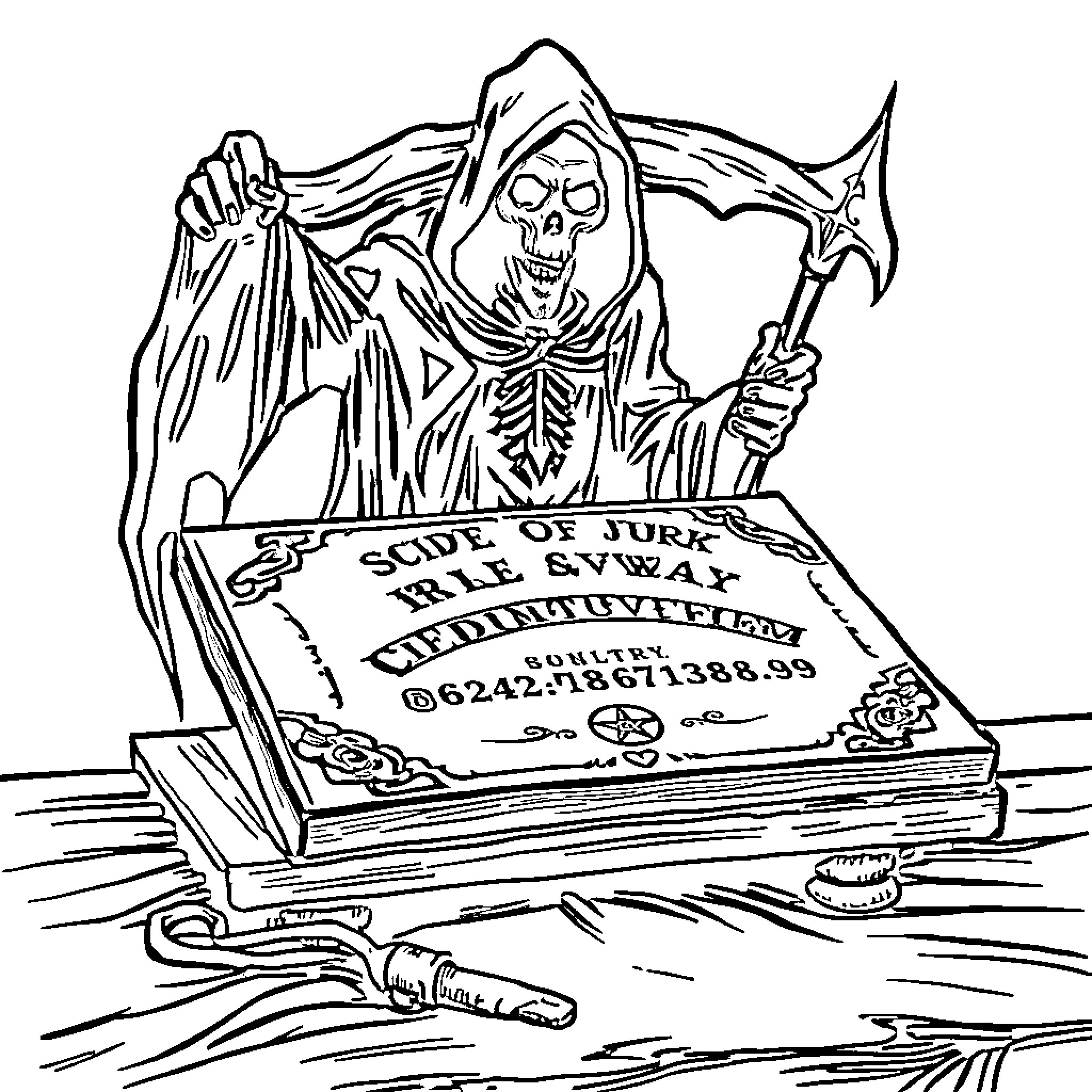 Ouija Board with Grim Reaper Summoning Souls Coloring Page (free black-and-white line drawing printable PDF for all, from beginners to advanced learners, including children, teens, adults, and seniors)