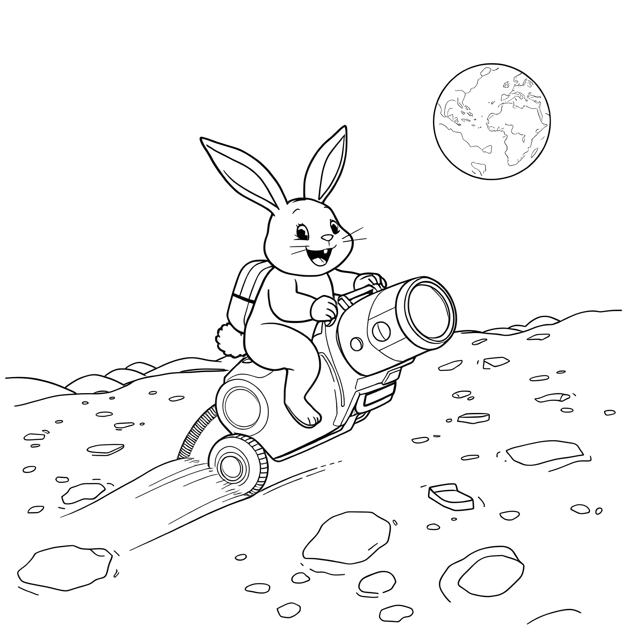 Rabbit riding a toy rocket in the desert Coloring Page (free black-and-white line drawing printable PDF for all, from beginners to advanced learners, including children, teens, adults, and seniors)