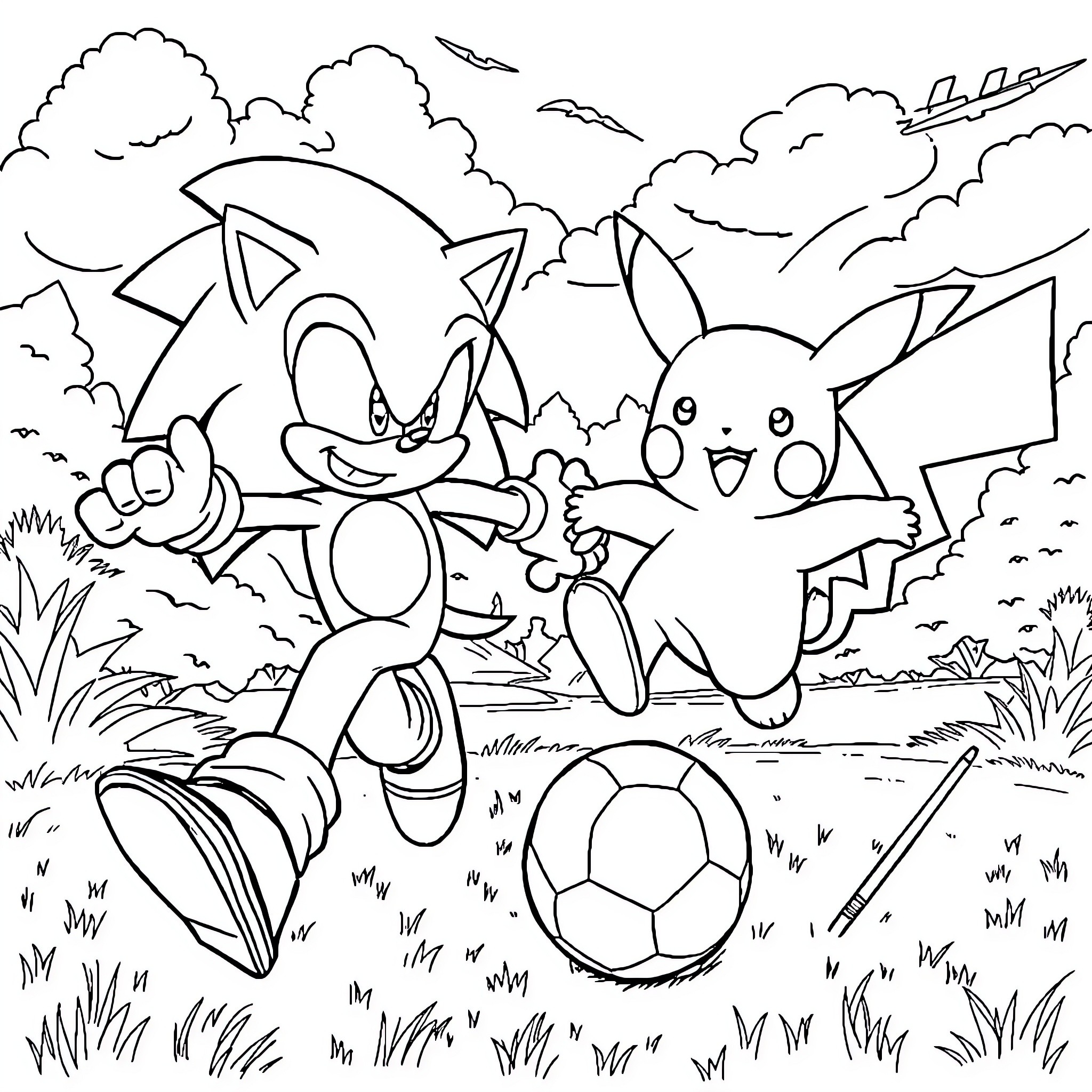 Sonic and Pikachu playing soccer in the park Coloring Page (free black-and-white line drawing printable PDF for all, from beginners to advanced learners, including children, teens, adults, and seniors)