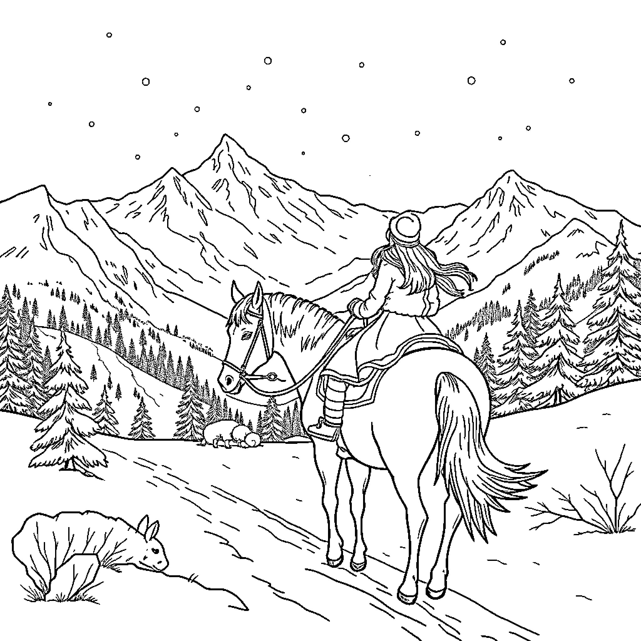 Lady on horseback admiring mountainous landscape Coloring Page (free black-and-white line drawing printable PDF for all, from beginners to advanced learners, including children, teens, adults, and seniors)
