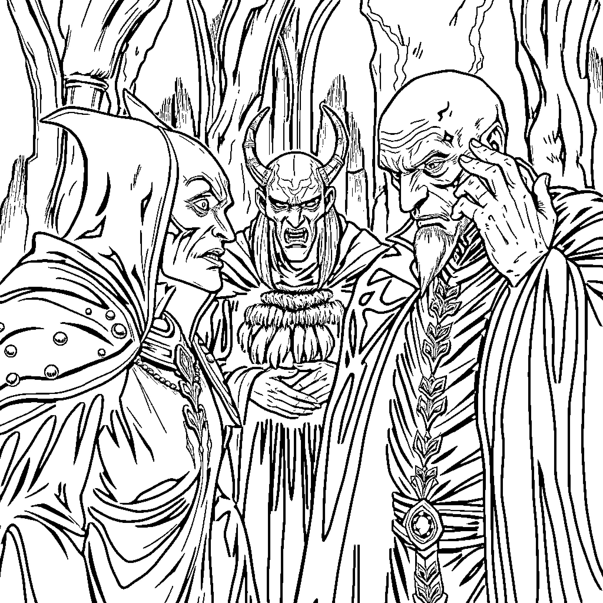 Vecna's Sinister Gathering: Dark Figures in the Shadows Coloring Page (free black-and-white line drawing printable PDF for all, from beginners to advanced learners, including children, teens, adults, and seniors)