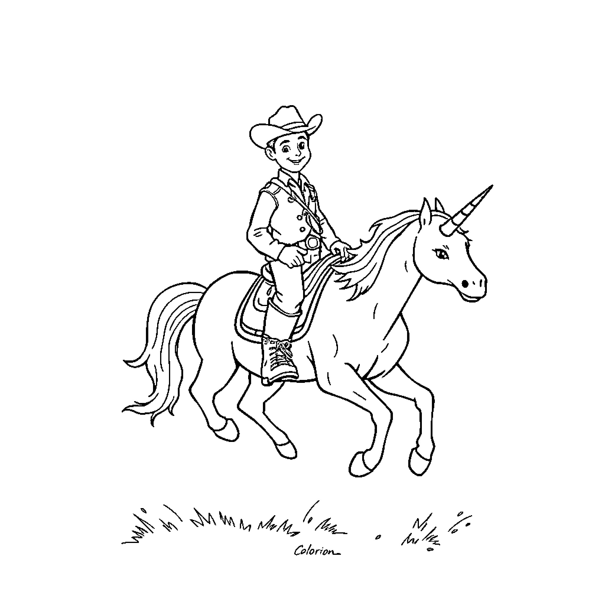 Cowboy riding majestic unicorn across the plains Coloring Page (free black-and-white line drawing printable PDF for all, from beginners to advanced learners, including children, teens, adults, and seniors)