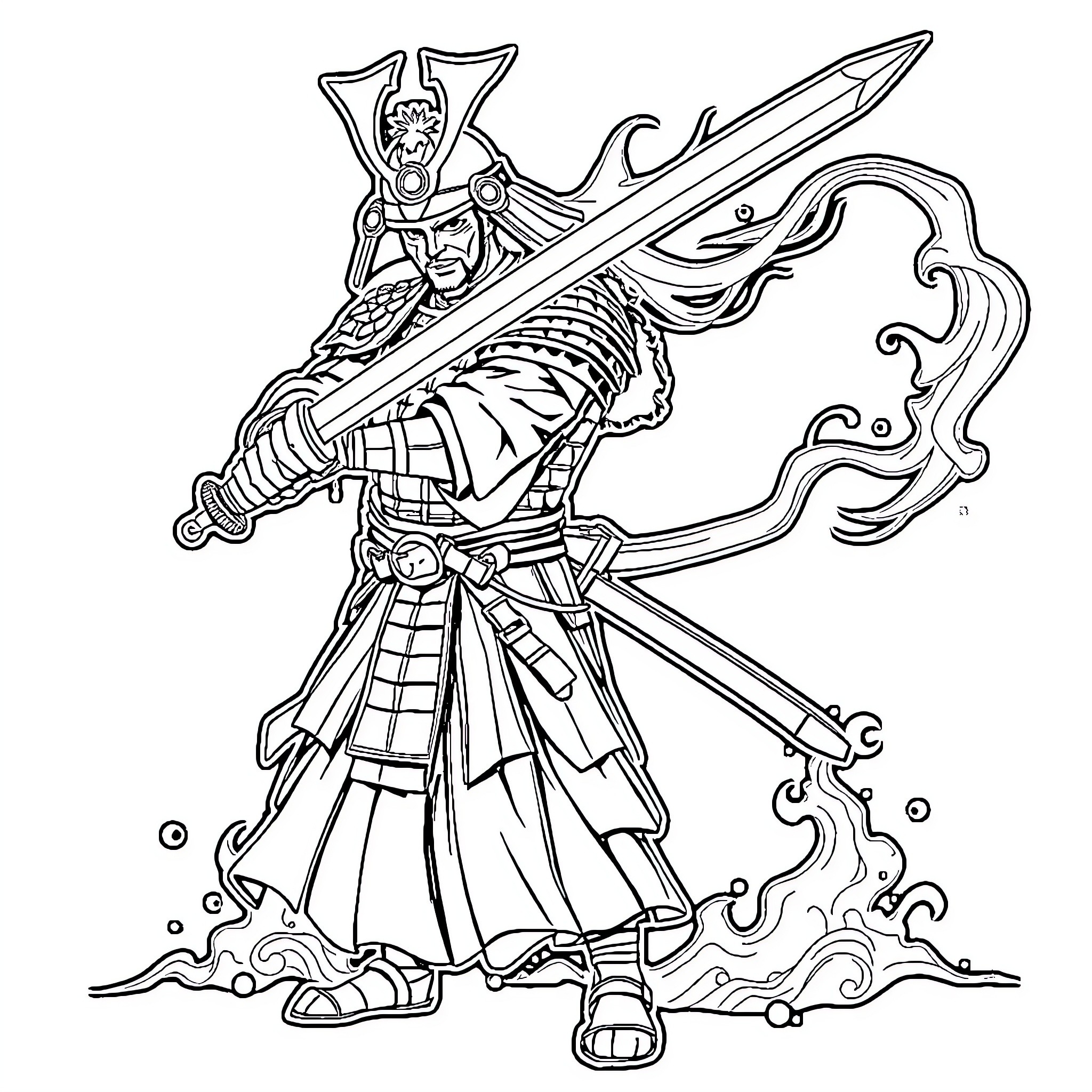 Samurai Warrior Brandishing Legendary Sword Coloring Page (free black-and-white line drawing printable PDF for all, from beginners to advanced learners, including children, teens, adults, and seniors)