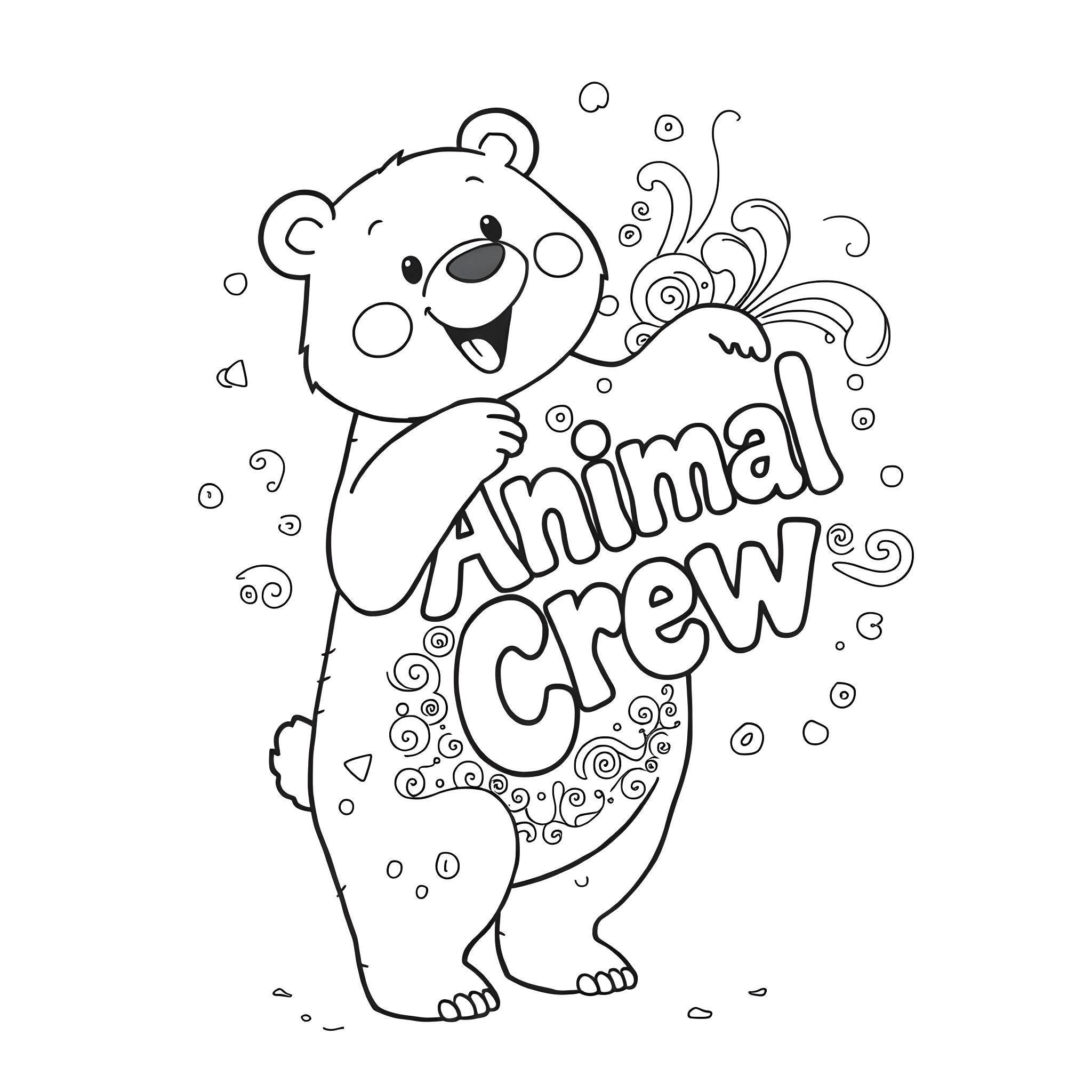 Bear with Playful Animal Crew Coloring Page (free black-and-white line drawing printable PDF for all, from beginners to advanced learners, including children, teens, adults, and seniors)