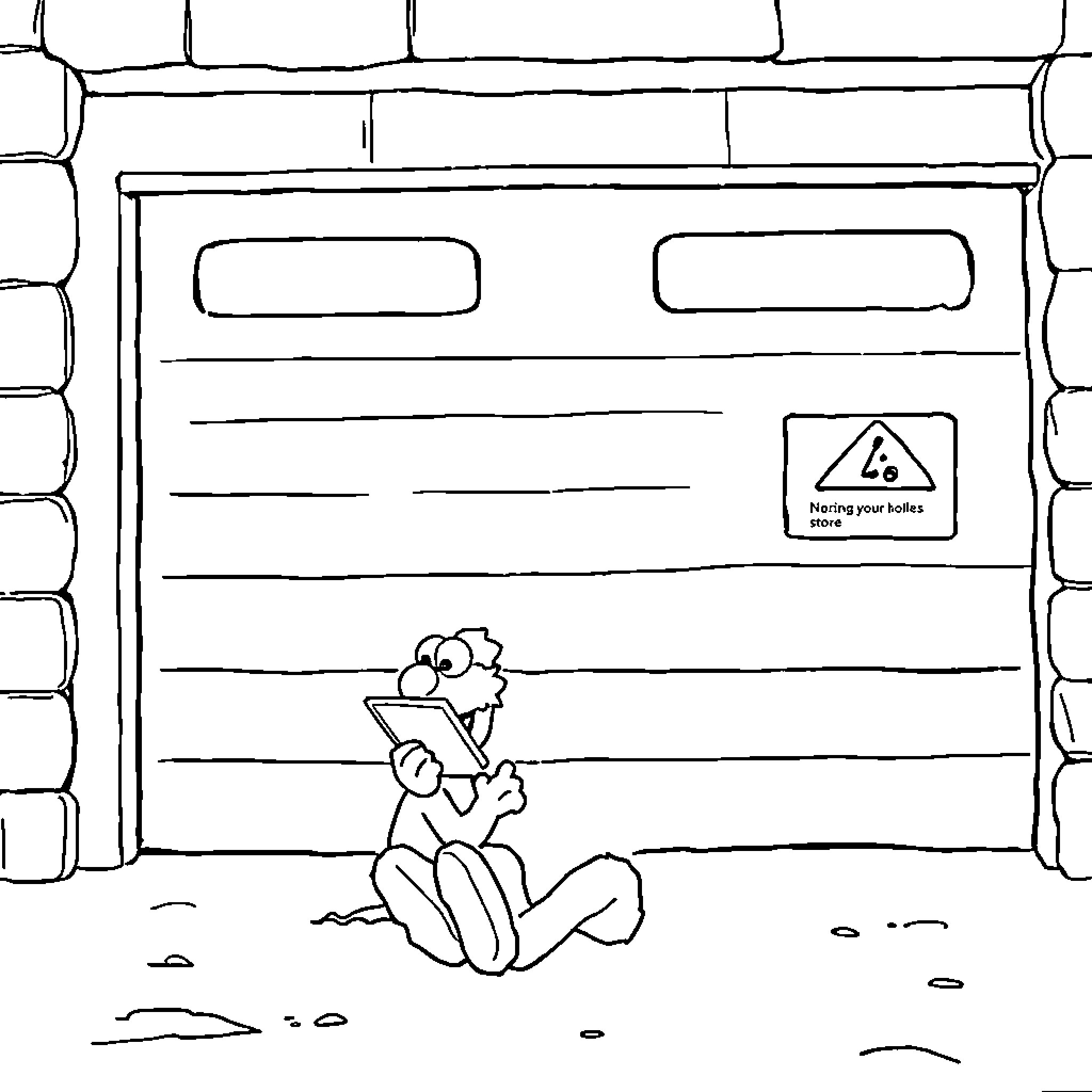 Elmo enjoying a book outside the garage Coloring Page (free black-and-white line drawing printable PDF for all, from beginners to advanced learners, including children, teens, adults, and seniors)