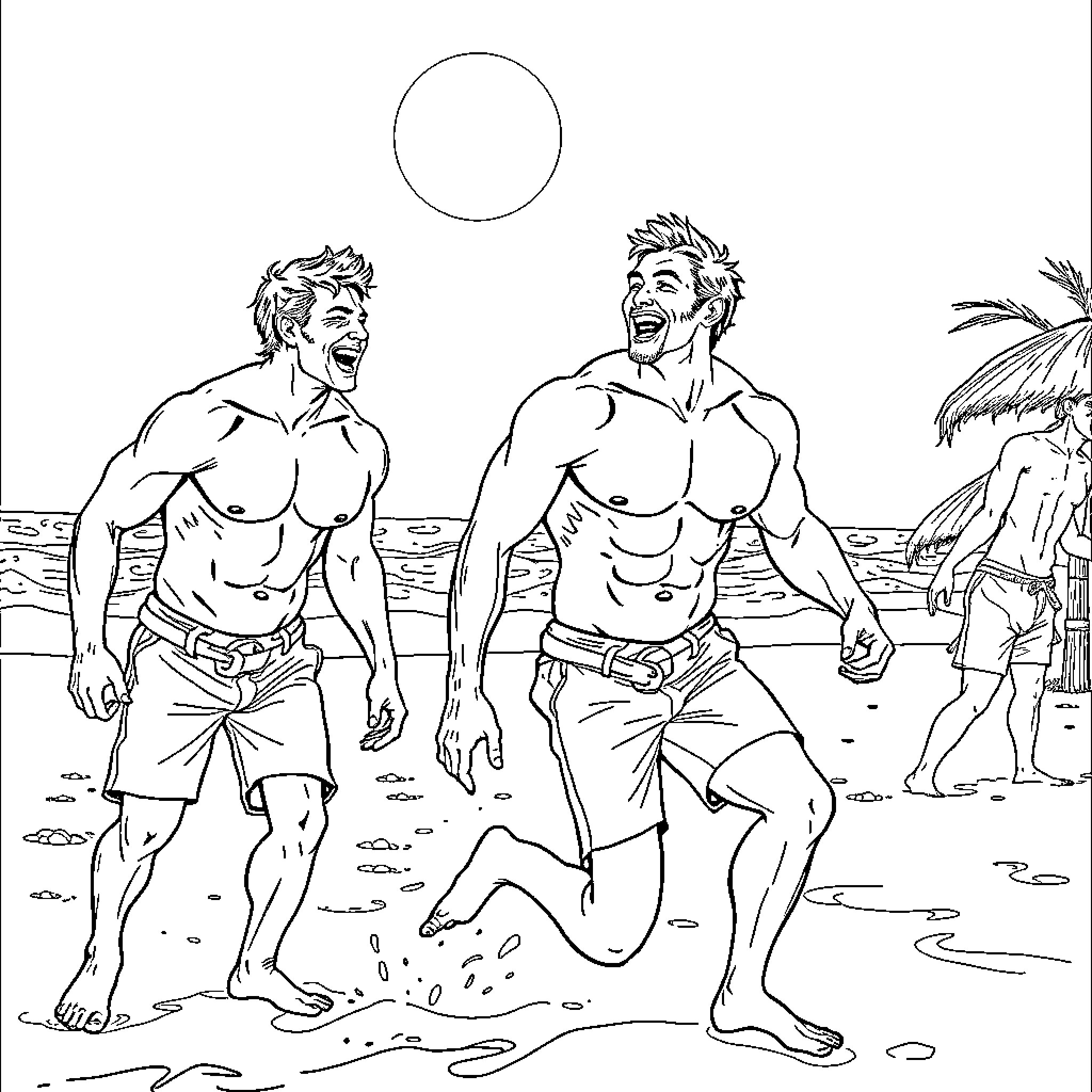 Men enjoying beach activities in the sun Coloring Page (free black-and-white line drawing printable PDF for all, from beginners to advanced learners, including children, teens, adults, and seniors)
