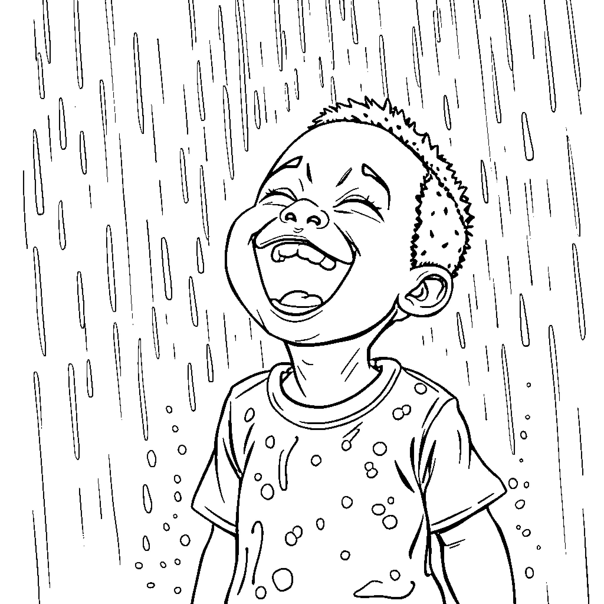 Boy joyfully playing in the rain Coloring Page (free black-and-white line drawing printable PDF for all, from beginners to advanced learners, including children, teens, adults, and seniors)