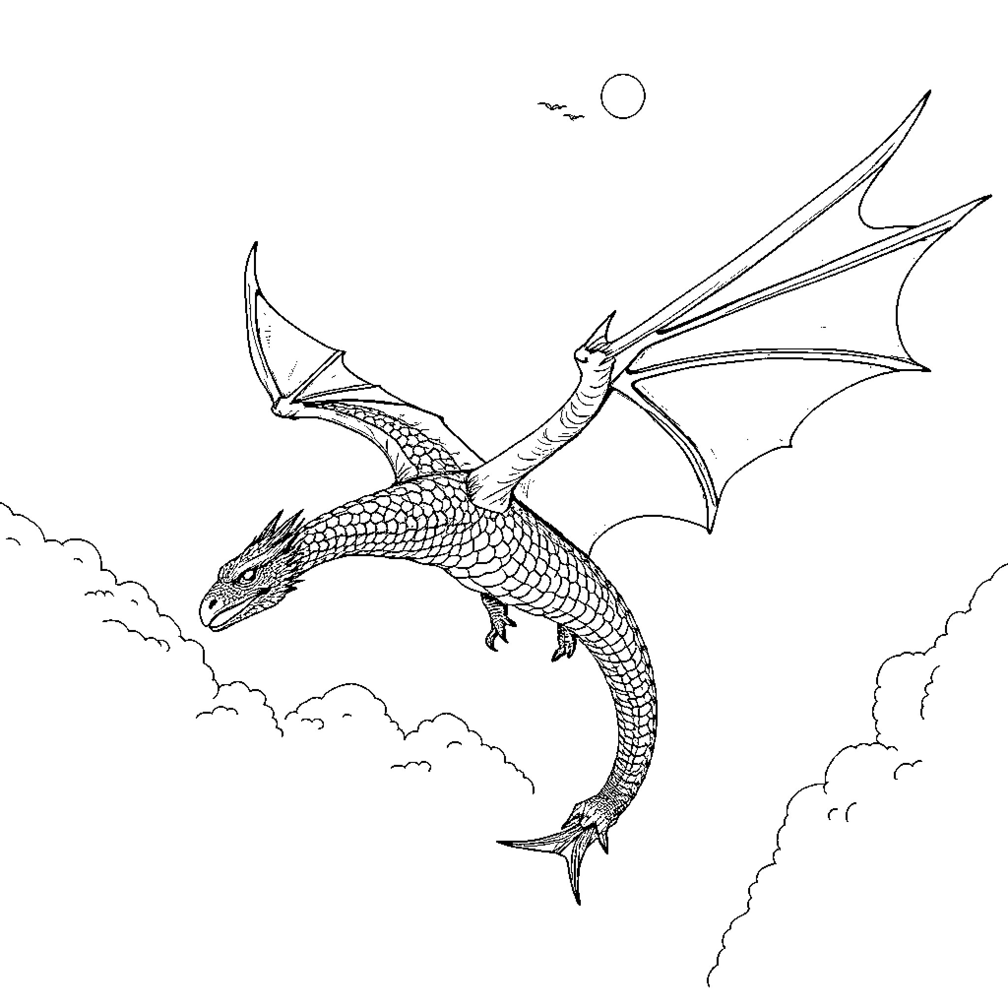 Drogon soaring high through the clouds Coloring Page (free black-and-white line drawing printable PDF for all, from beginners to advanced learners, including children, teens, adults, and seniors)