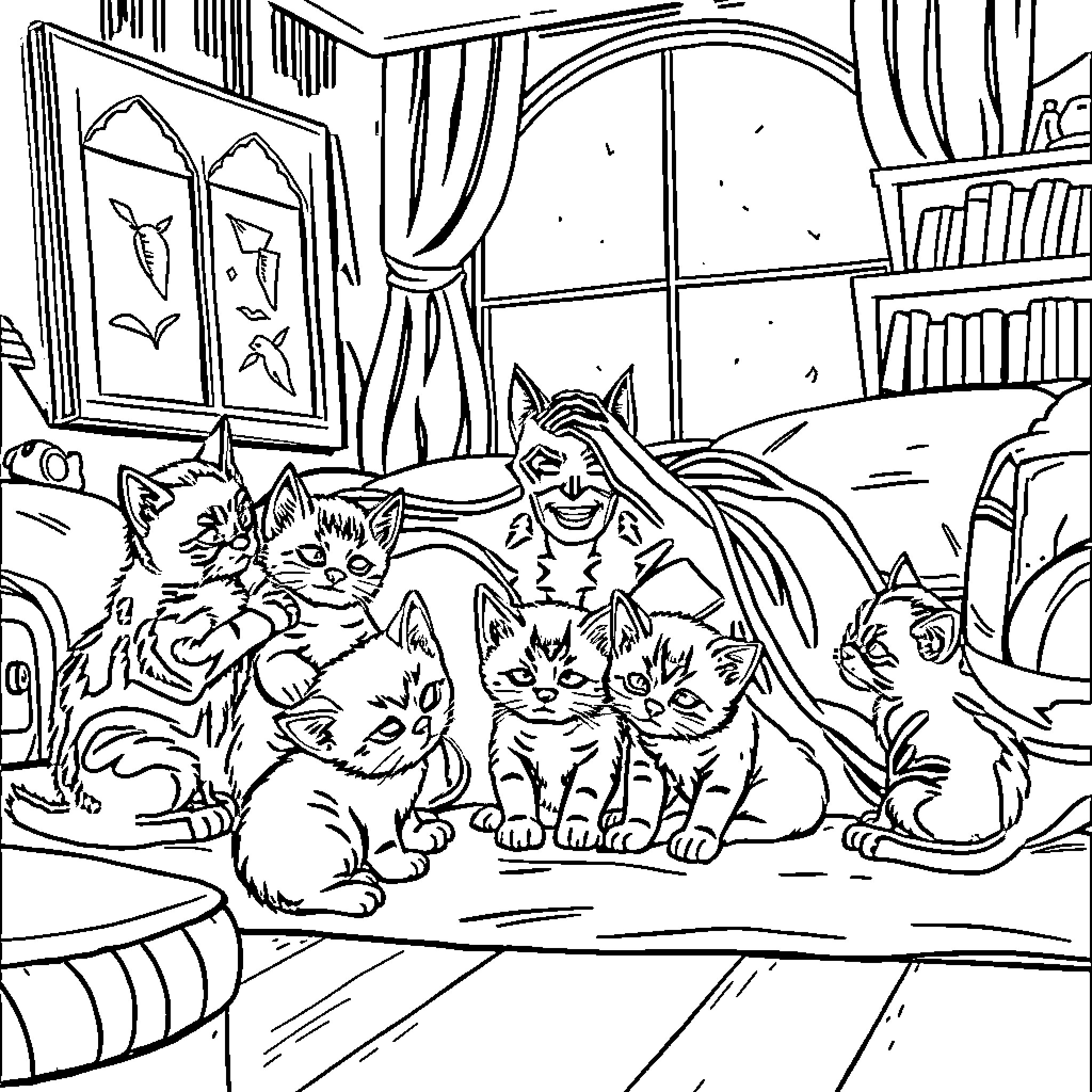 Bat Woman and her Feline Family Coloring Page (free black-and-white line drawing printable PDF for all, from beginners to advanced learners, including children, teens, adults, and seniors)