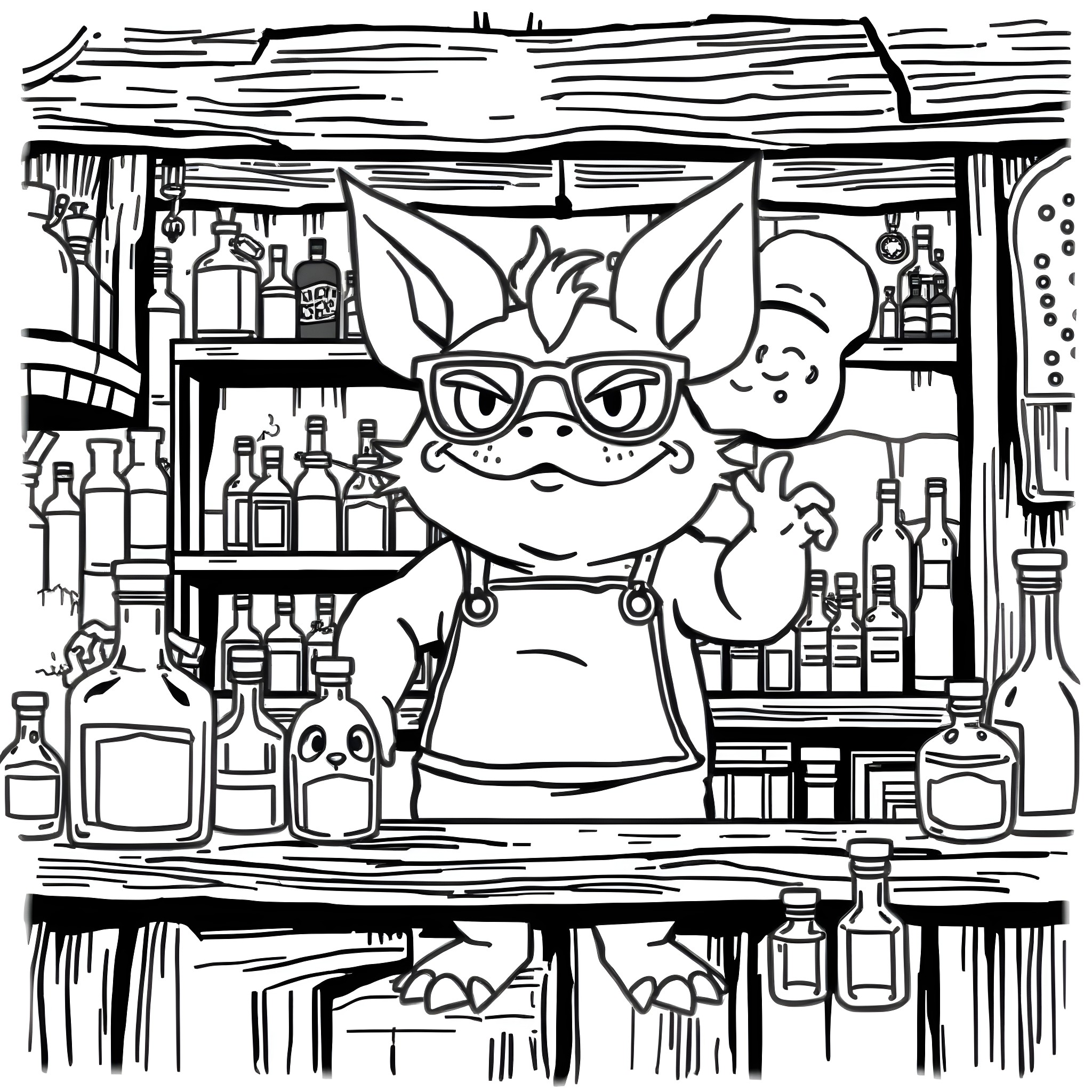Gengar bartending at a lively establishment Coloring Page (free black-and-white line drawing printable PDF for all, from beginners to advanced learners, including children, teens, adults, and seniors)