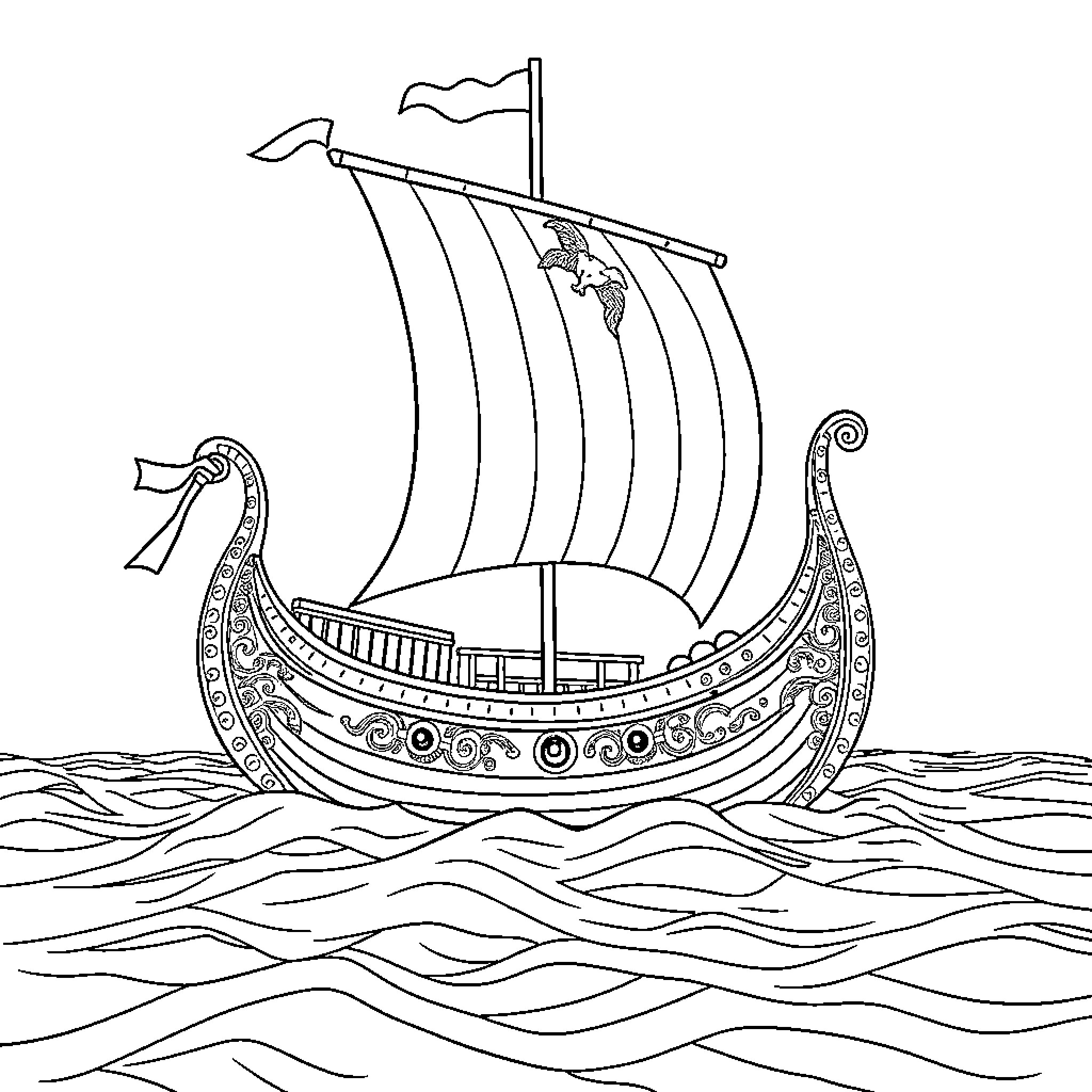 Viking Ship Sailing the Seas Coloring Page (free black-and-white line drawing printable PDF for all, from beginners to advanced learners, including children, teens, adults, and seniors)