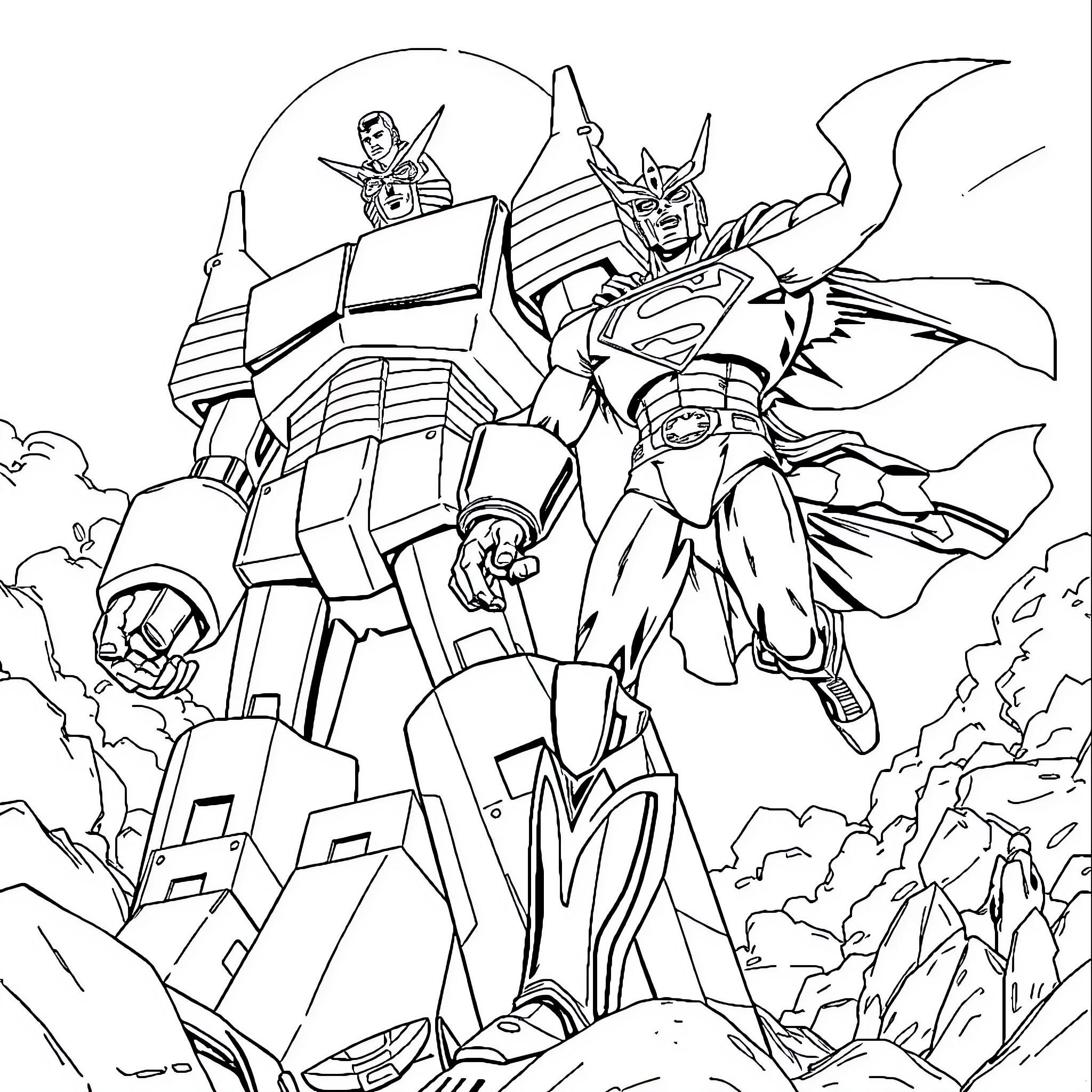 Mazinger Z battling an epic heroic pose Coloring Page (free black-and-white line drawing printable PDF for all, from beginners to advanced learners, including children, teens, adults, and seniors)