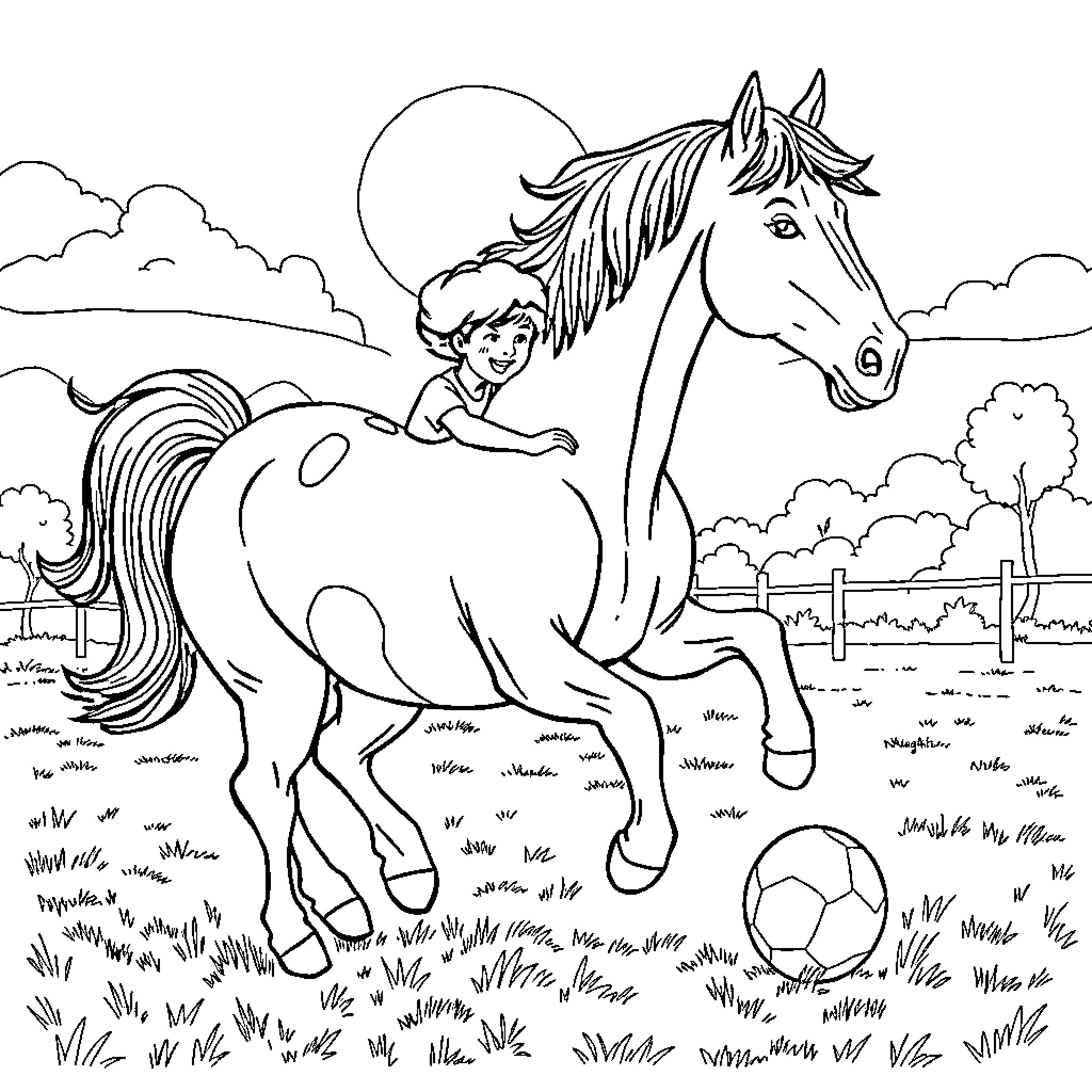 Bartolito rides and plays with a friendly horse in the field Coloring Page (free black-and-white line drawing printable PDF for all, from beginners to advanced learners, including children, teens, adults, and seniors)
