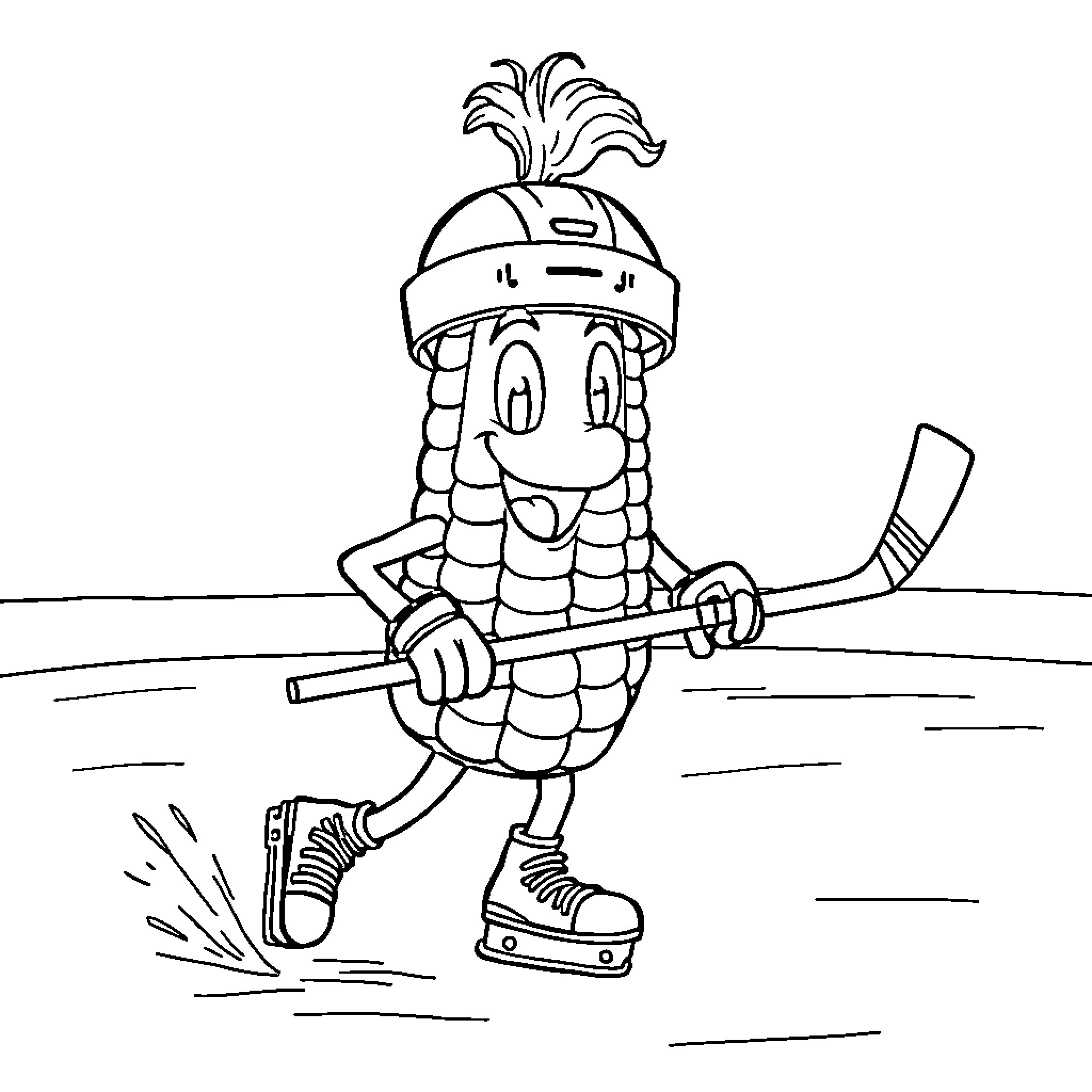 Corn Cob character playing ice hockey Coloring Page (free black-and-white line drawing printable PDF for all, from beginners to advanced learners, including children, teens, adults, and seniors)