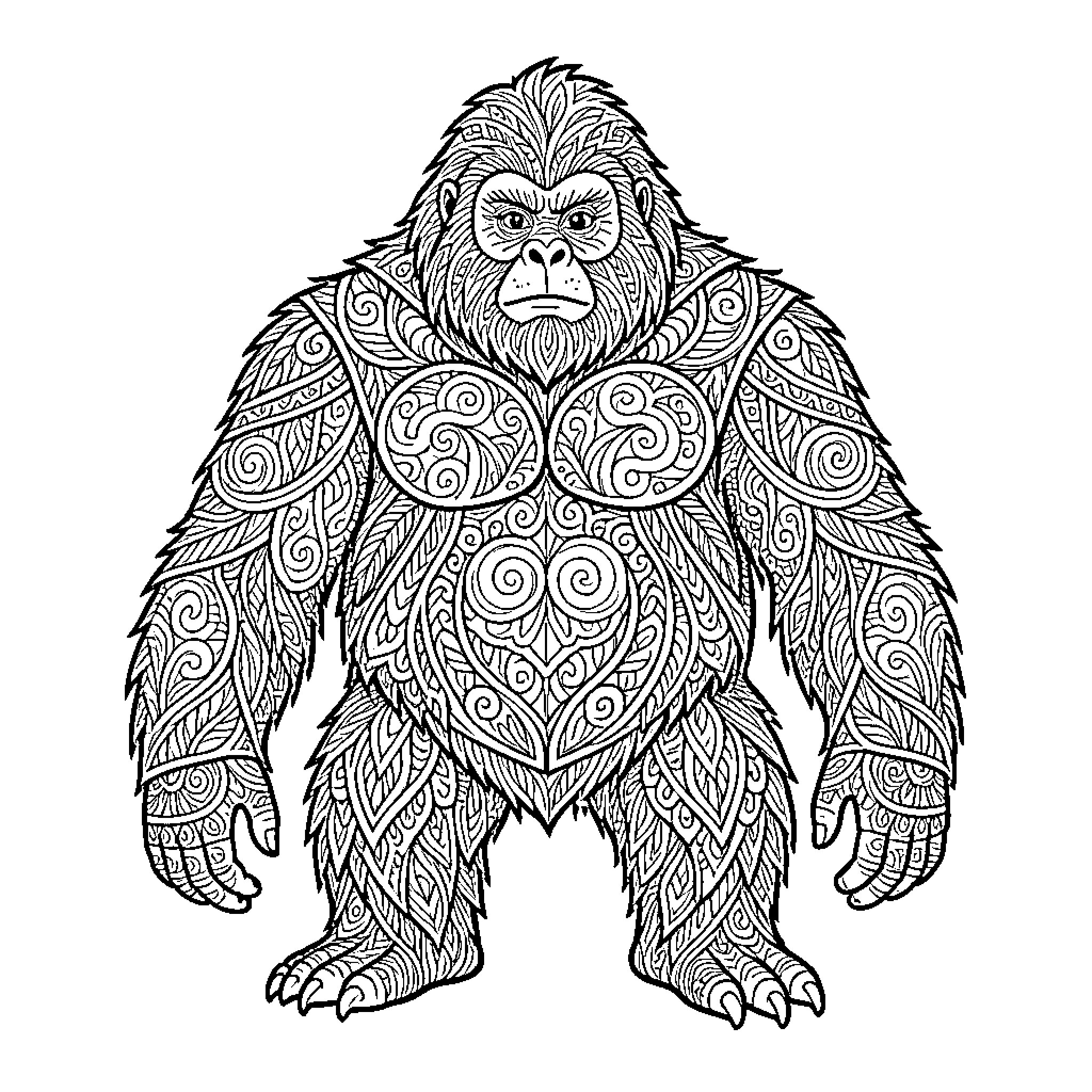 Sasquatch with intricate tribal patterns Coloring Page (free black-and-white line drawing printable PDF for all, from beginners to advanced learners, including children, teens, adults, and seniors)