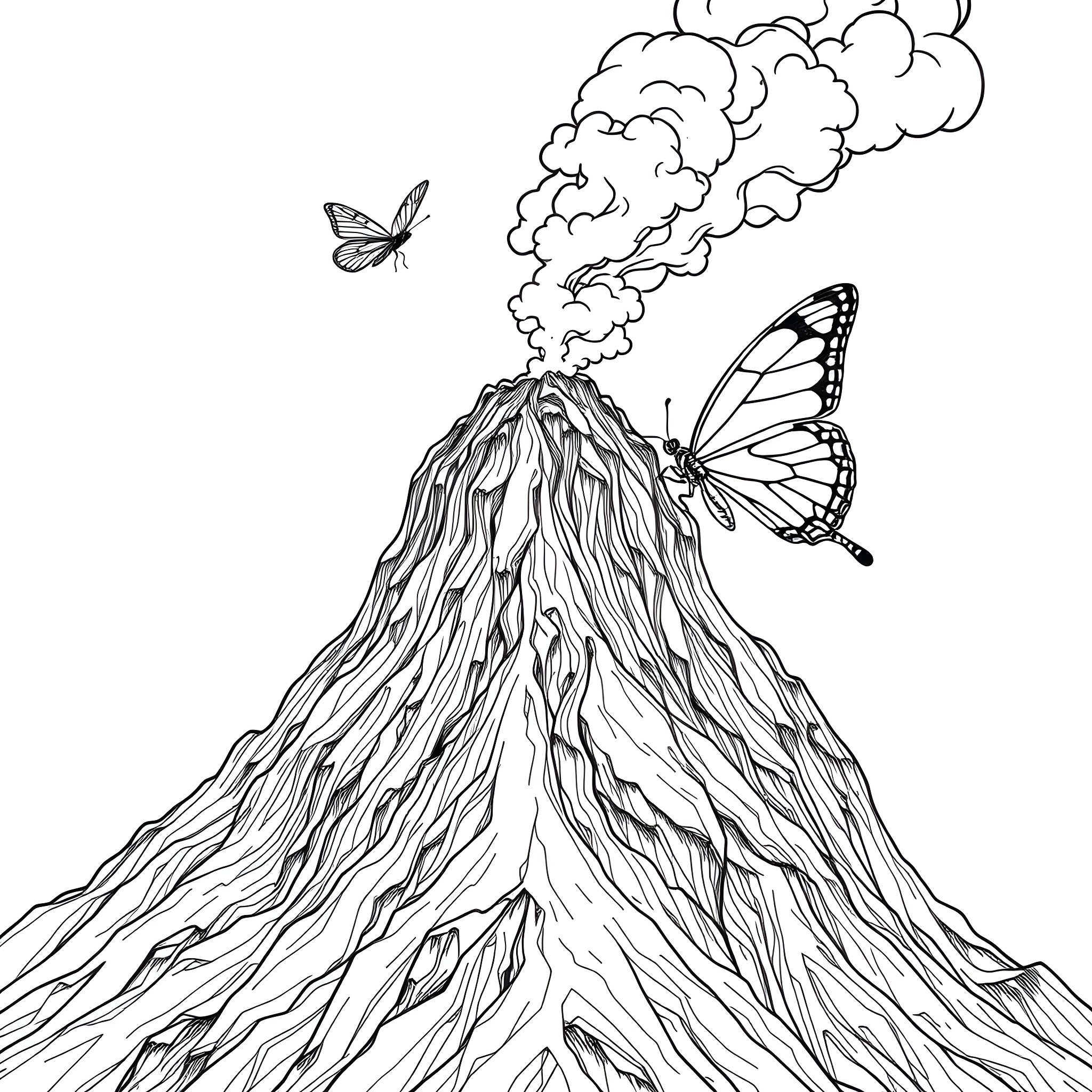 Butterfly emerging from volcanic eruption Coloring Page (free black-and-white line drawing printable PDF for all, from beginners to advanced learners, including children, teens, adults, and seniors)