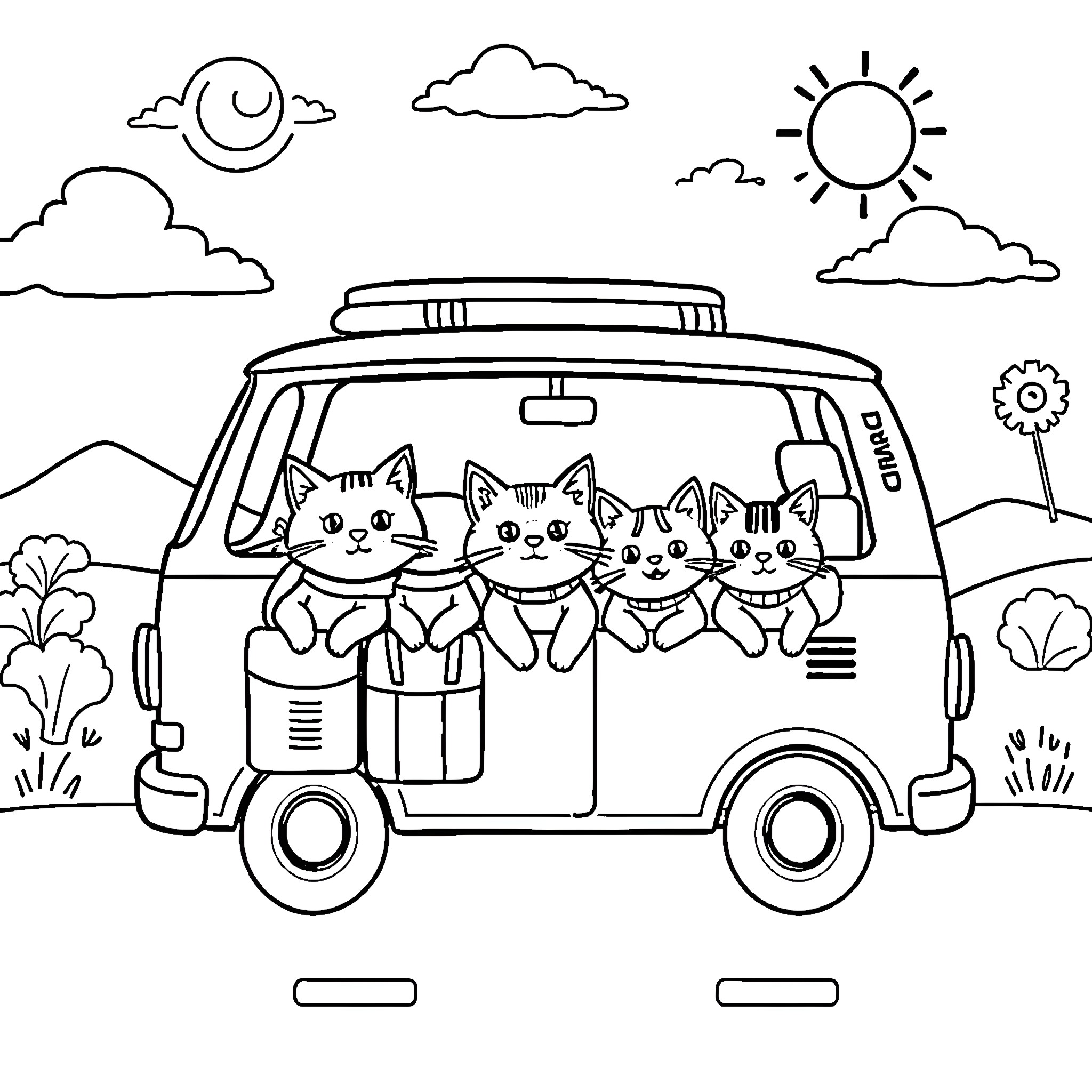 Cat family traveling in camper van Coloring Page (free black-and-white line drawing printable PDF for all, from beginners to advanced learners, including children, teens, adults, and seniors)
