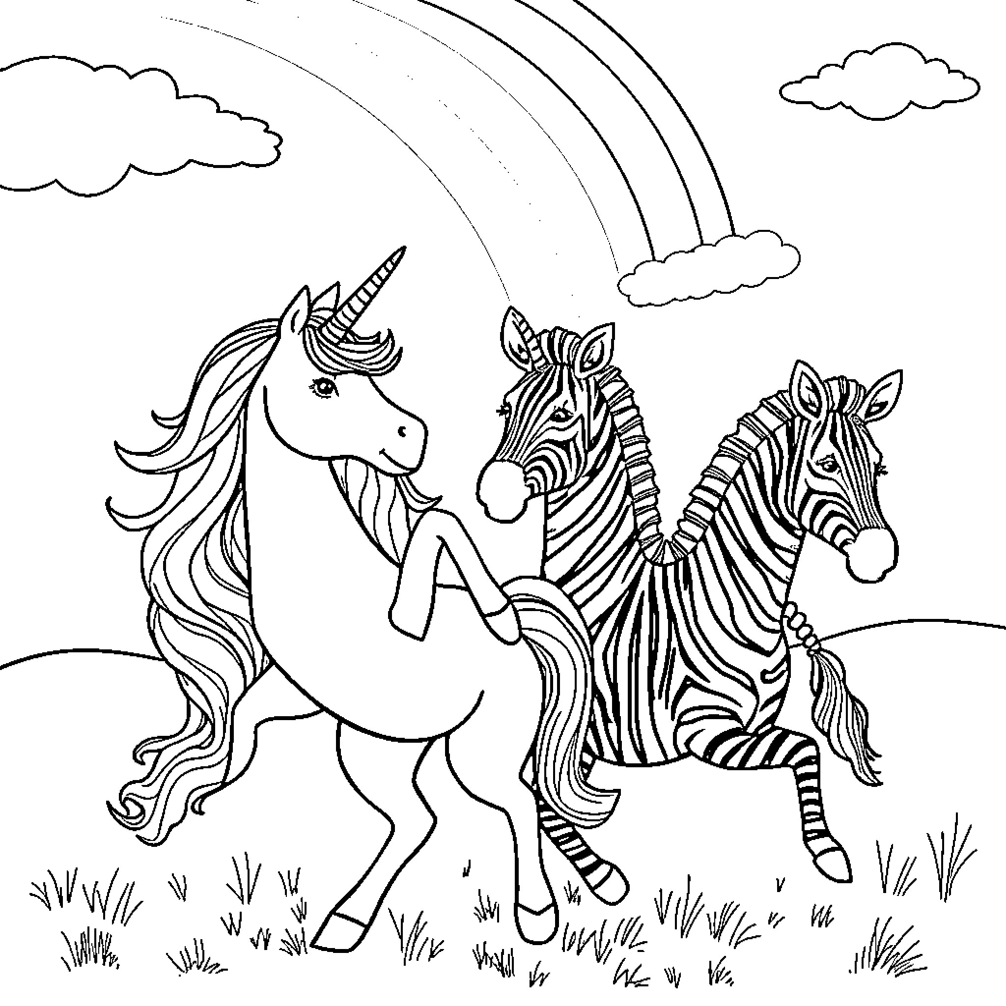 Unicorn and zebras frolicking in the meadow Coloring Page (free black-and-white line drawing printable PDF for all, from beginners to advanced learners, including children, teens, adults, and seniors)