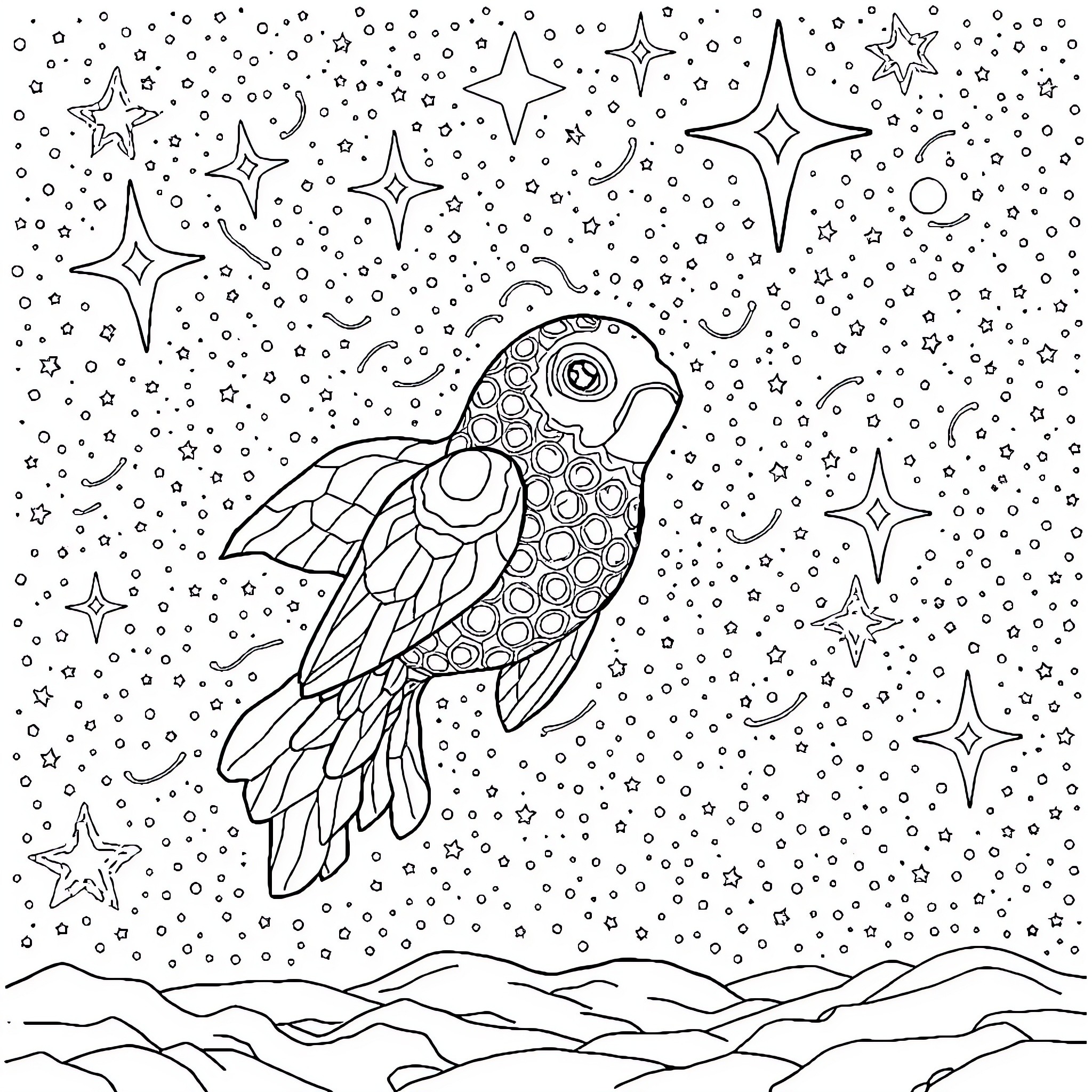 Hot Air Balloon Soaring Among Sparkling Stars Coloring Page (free black-and-white line drawing printable PDF for all, from beginners to advanced learners, including children, teens, adults, and seniors)