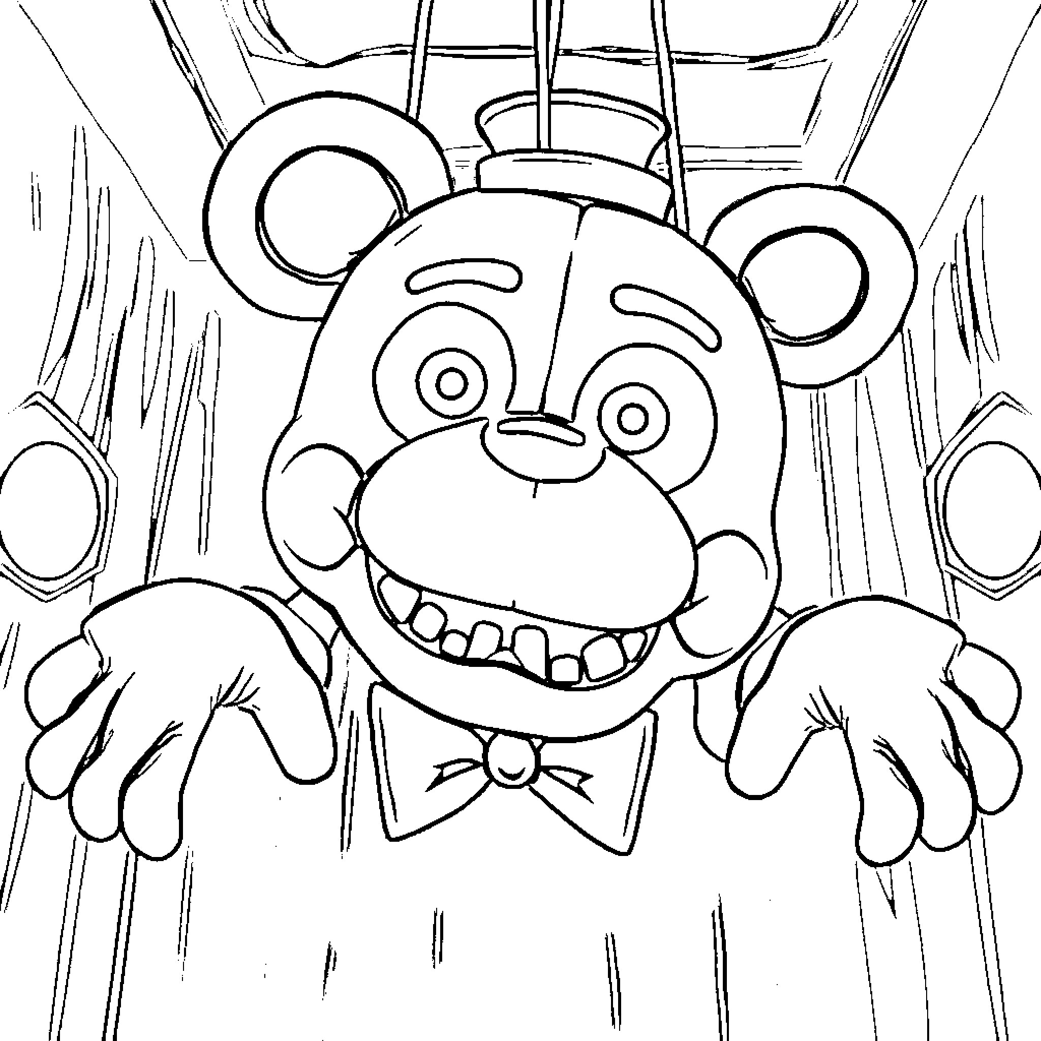 Puppet Character in Spooky Atmosphere Coloring Page (free black-and-white line drawing printable PDF for all, from beginners to advanced learners, including children, teens, adults, and seniors)