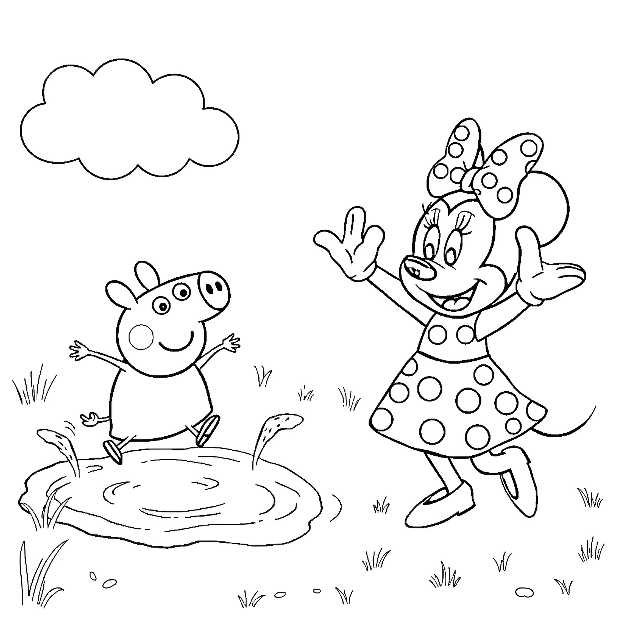 Peppa Pig and Minnie Mouse playing joyfully outdoors Coloring Page (free black-and-white line drawing printable PDF for all, from beginners to advanced learners, including children, teens, adults, and seniors)