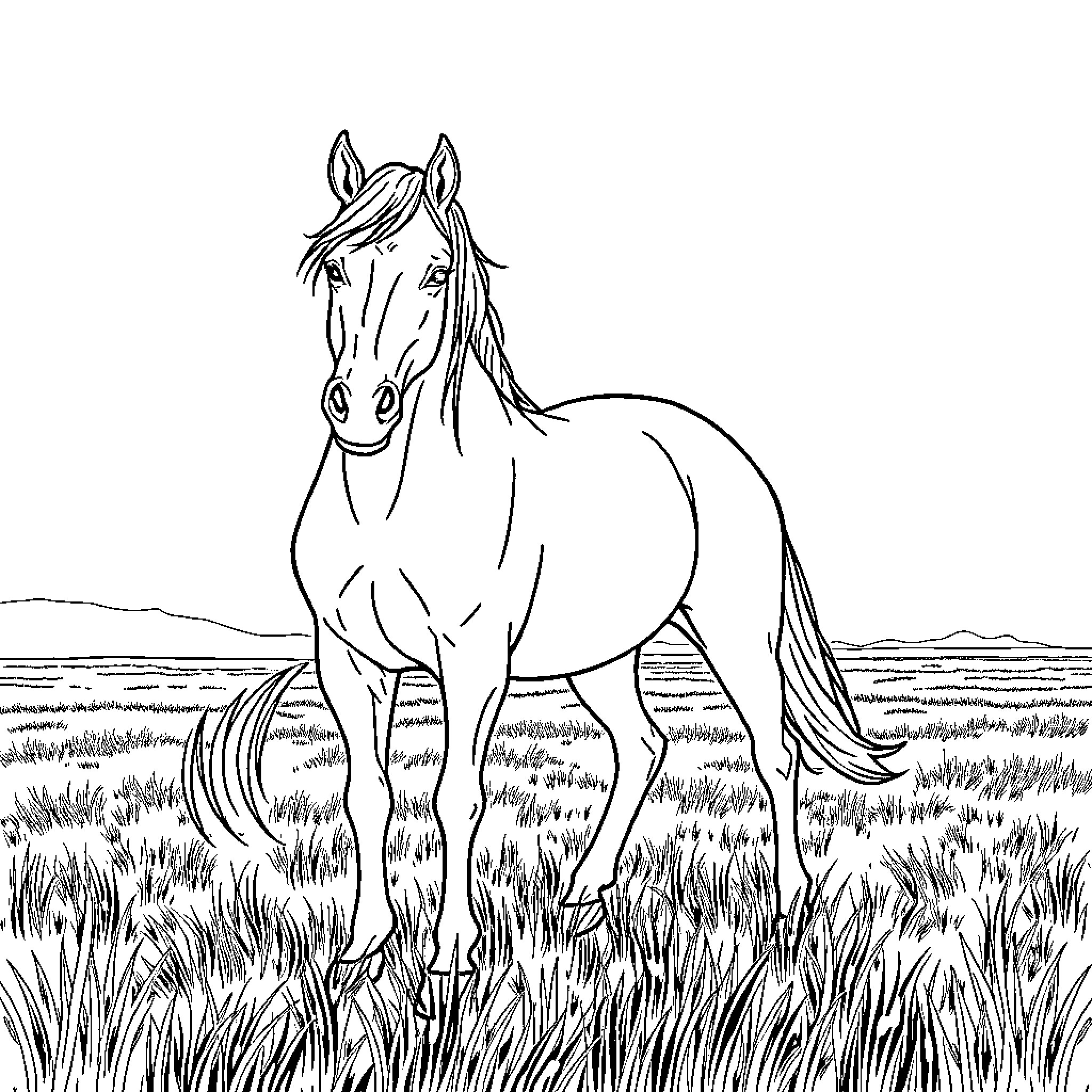 Horse standing in a grassy field Coloring Page (free black-and-white line drawing printable PDF for all, from beginners to advanced learners, including children, teens, adults, and seniors)