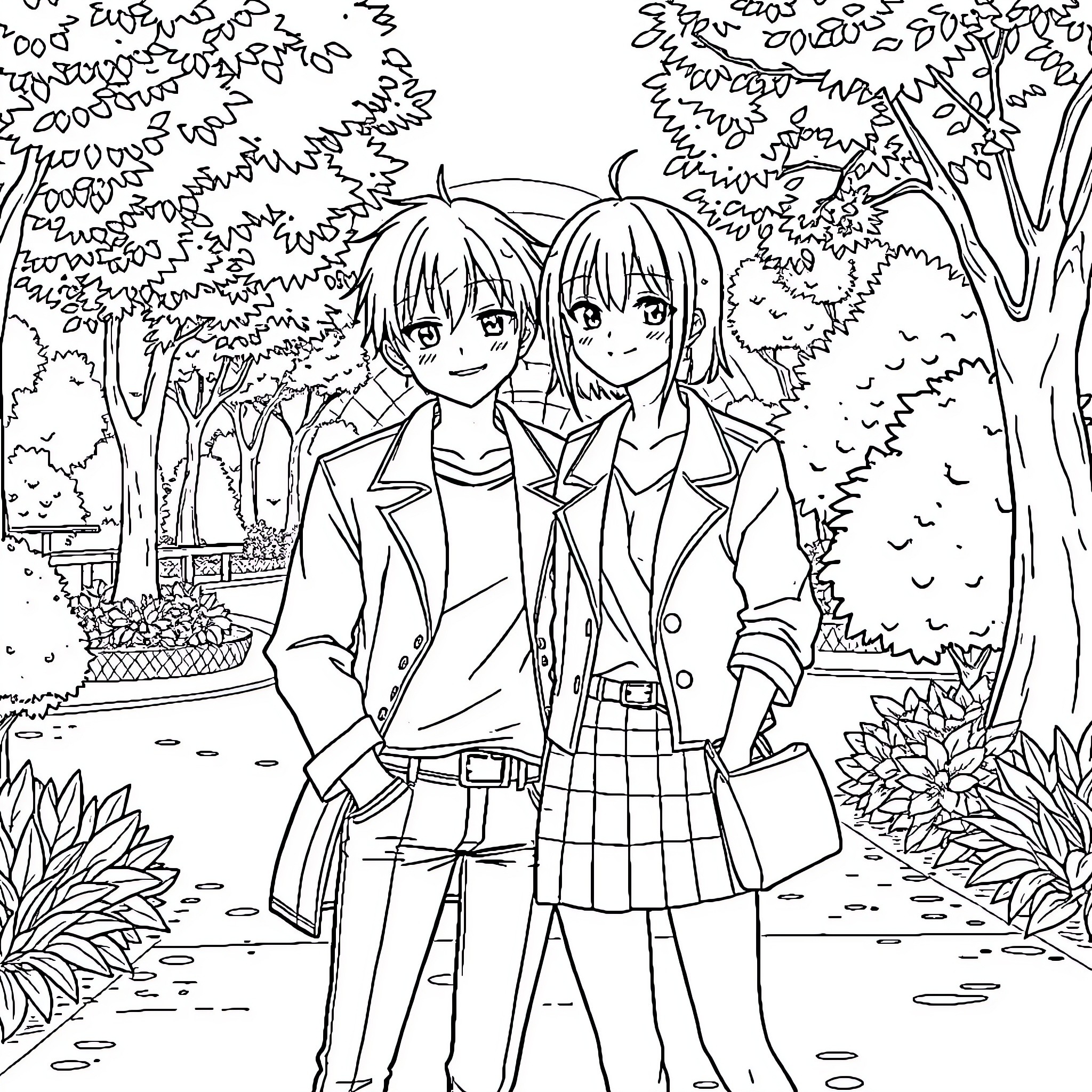 Abe Haruaki: Two friends explore the park Coloring Page (free black-and-white line drawing printable PDF for all, from beginners to advanced learners, including children, teens, adults, and seniors)