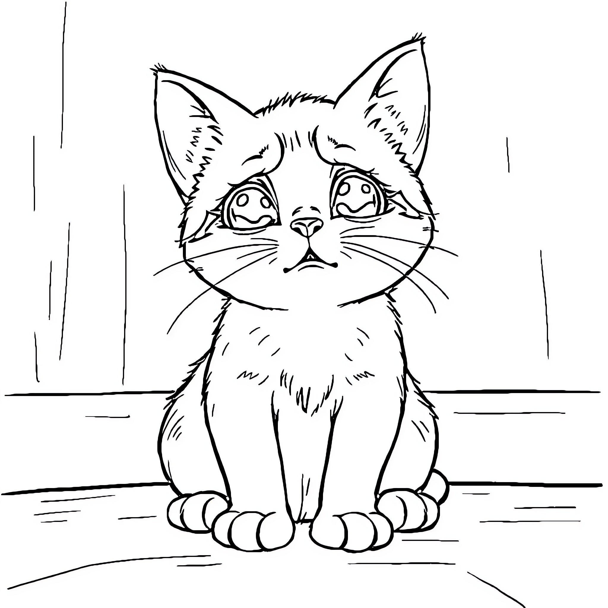 Cat in a simple black and white sketch Coloring Page (free black-and-white line drawing printable PDF for all, from beginners to advanced learners, including children, teens, adults, and seniors)