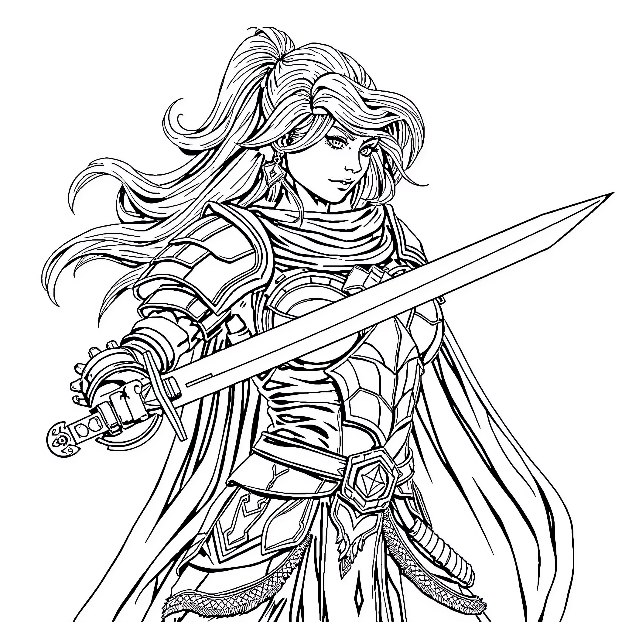Warrior with Flowing Robes and Majestic Sword Coloring Page (free black-and-white line drawing printable PDF for all, from beginners to advanced learners, including children, teens, adults, and seniors)