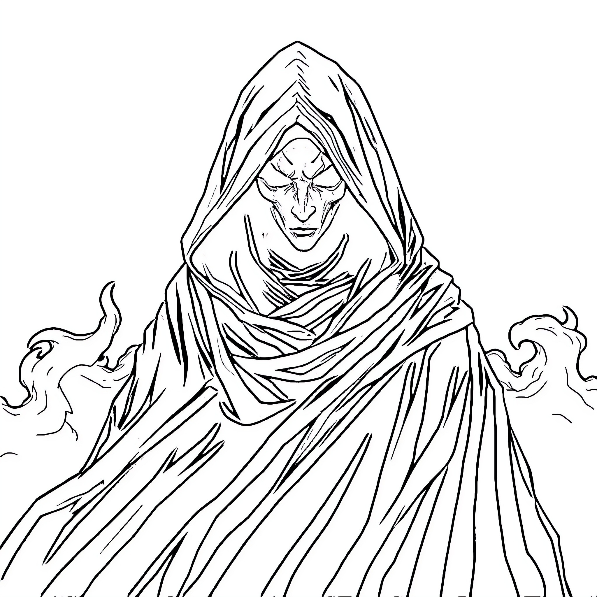 Lora's Enigmatic Cloak and Concealed Expression Coloring Page (free black-and-white line drawing printable PDF for all, from beginners to advanced learners, including children, teens, adults, and seniors)