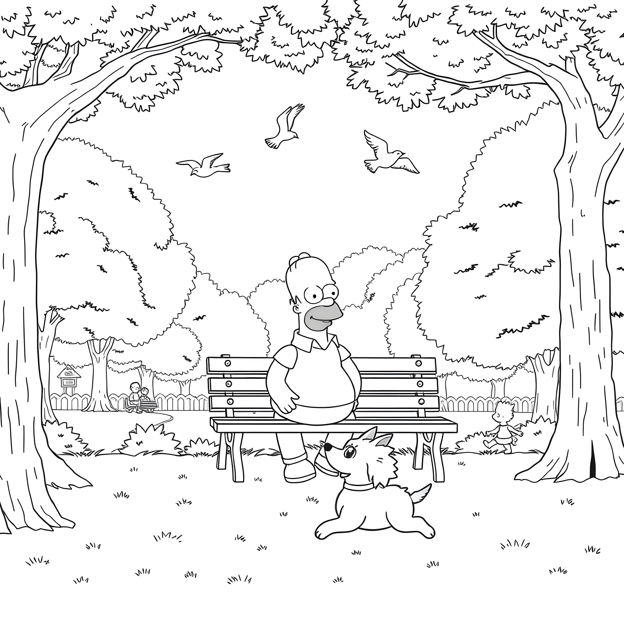 Homer Simpson relaxing on a park bench Coloring Page (free black-and-white line drawing printable PDF for all, from beginners to advanced learners, including children, teens, adults, and seniors)