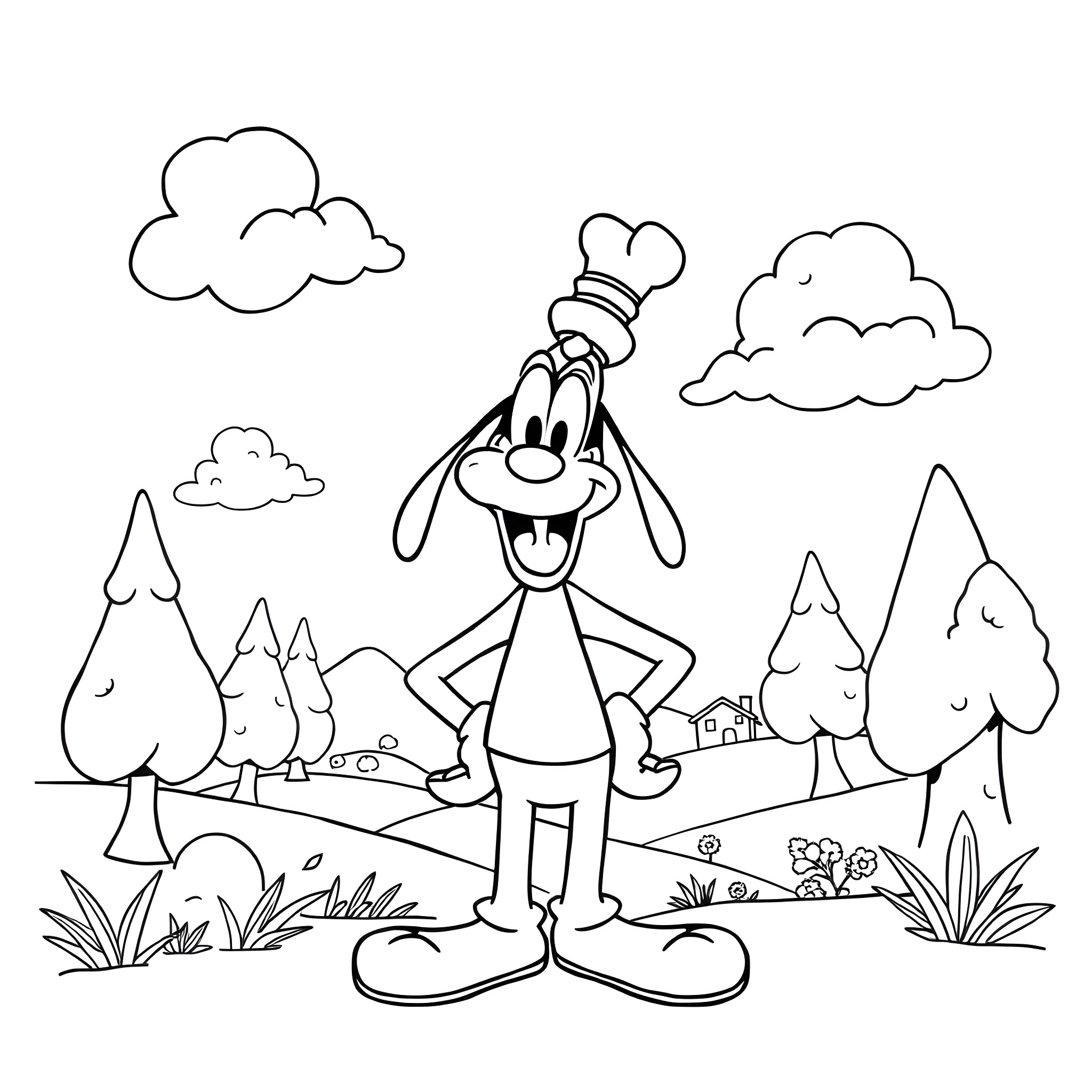 Goofy character in a whimsical outdoor scene Coloring Page (free black-and-white line drawing printable PDF for all, from beginners to advanced learners, including children, teens, adults, and seniors)