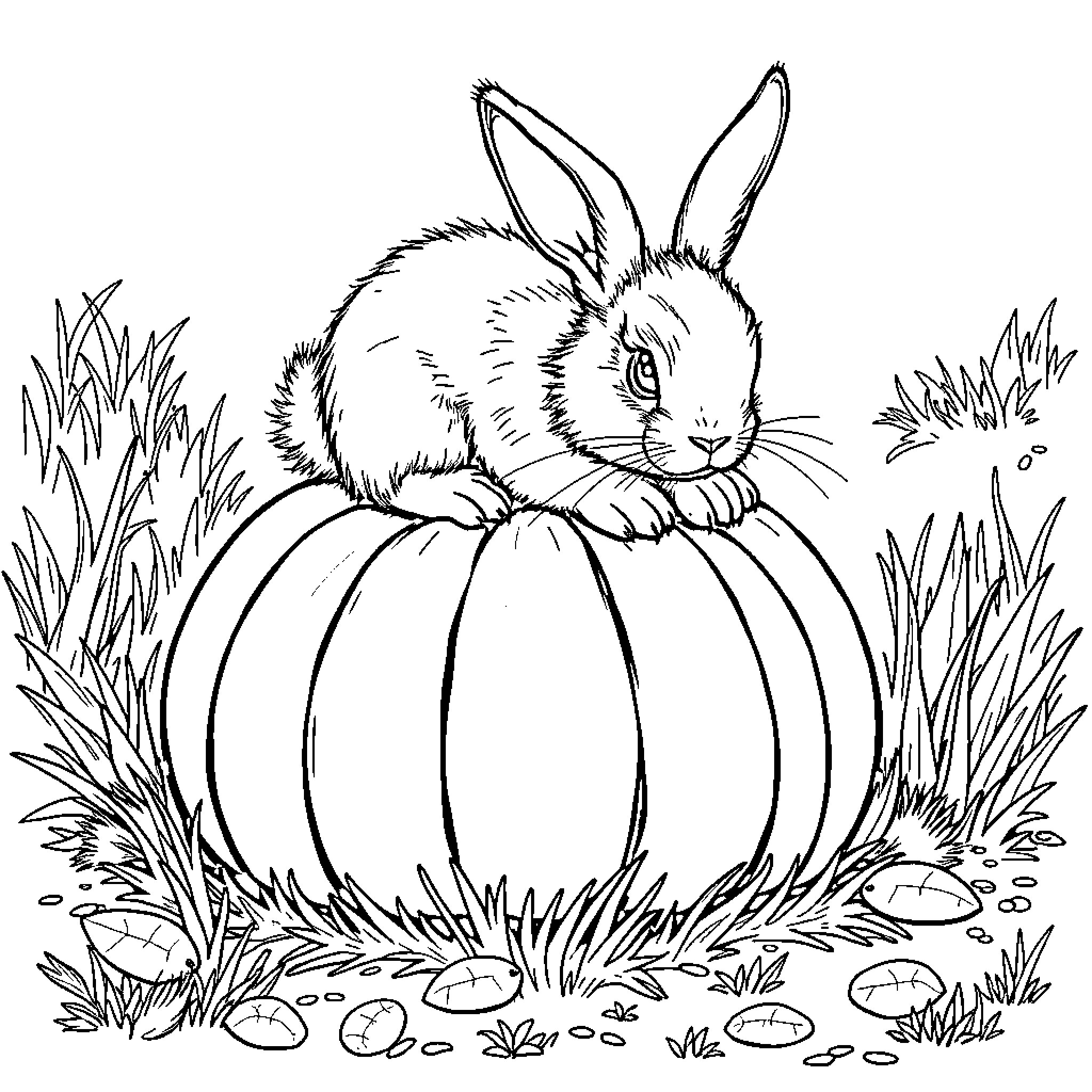 Pumpkin-loving bunny enjoying autumn scenery Coloring Page (free black-and-white line drawing printable PDF for all, from beginners to advanced learners, including children, teens, adults, and seniors)