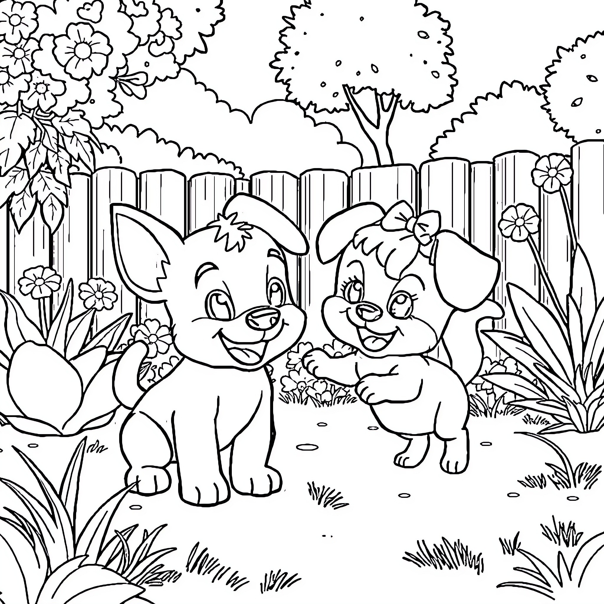 Bluey and friends explore the colorful garden Coloring Page (free black-and-white line drawing printable PDF for all, from beginners to advanced learners, including children, teens, adults, and seniors)