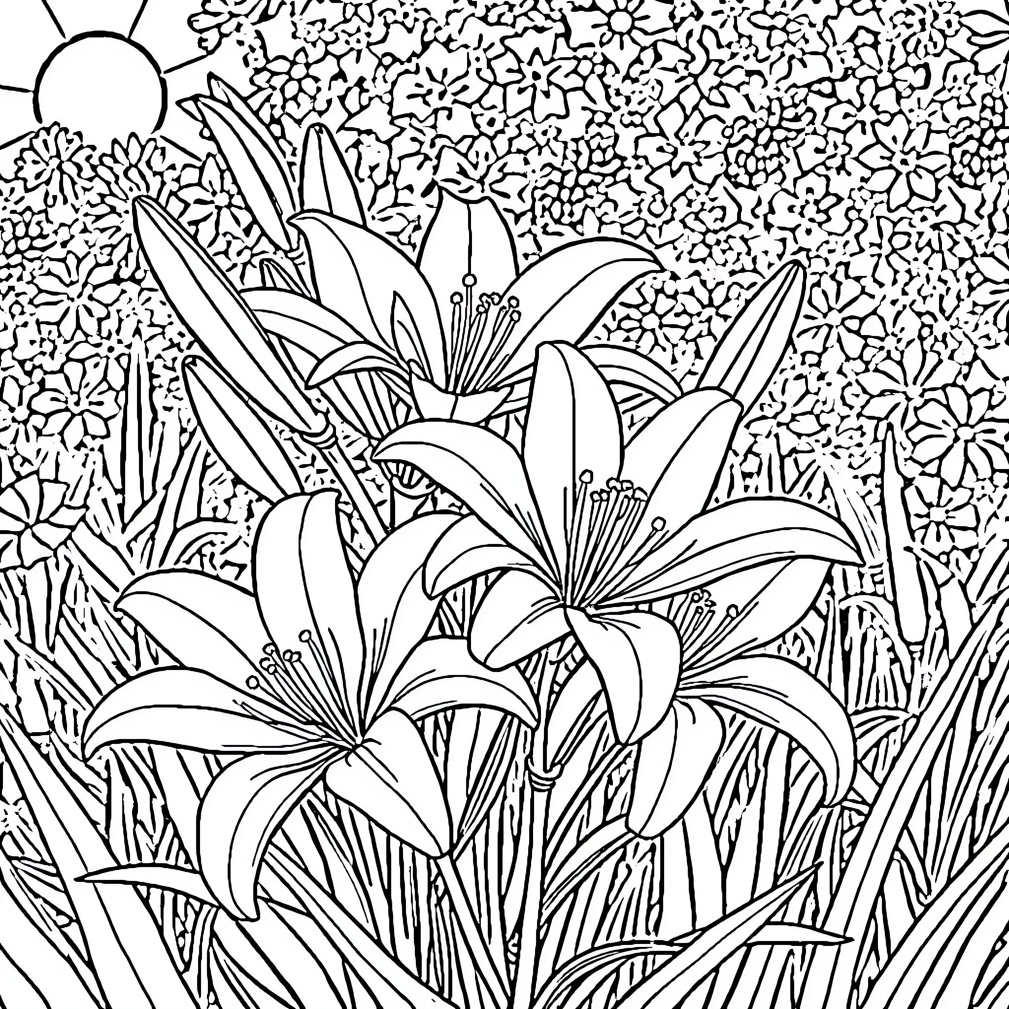 Lily flowers blooming in a lush garden Coloring Page (free black-and-white line drawing printable PDF for all, from beginners to advanced learners, including children, teens, adults, and seniors)