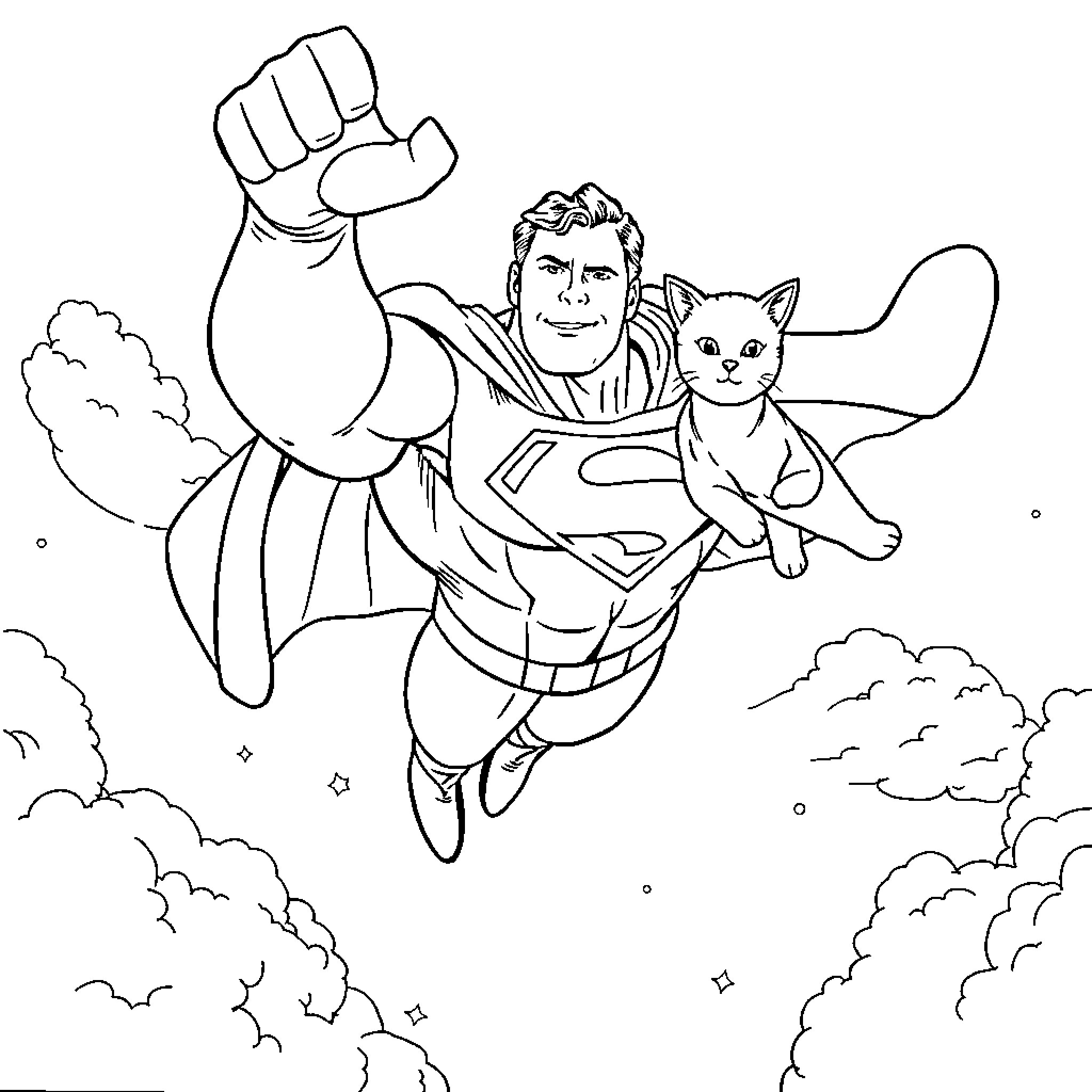 Superman soaring with a cat in the sky Coloring Page (free black-and-white line drawing printable PDF for all, from beginners to advanced learners, including children, teens, adults, and seniors)